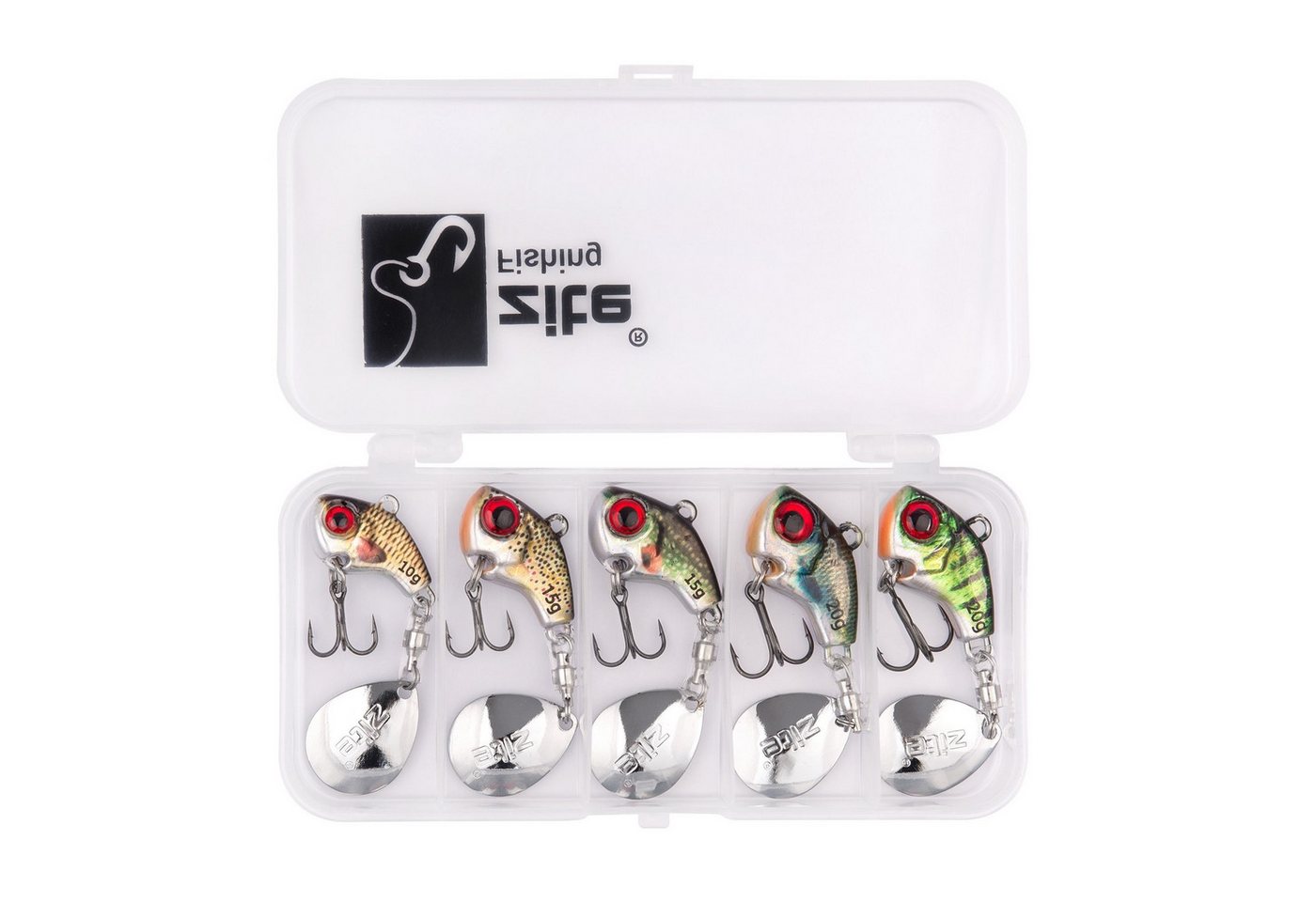 Zite Kunstköder Jigspinner Set 10-20g Neon & Natur Barschköder 5 Stück mit Tackle-Box