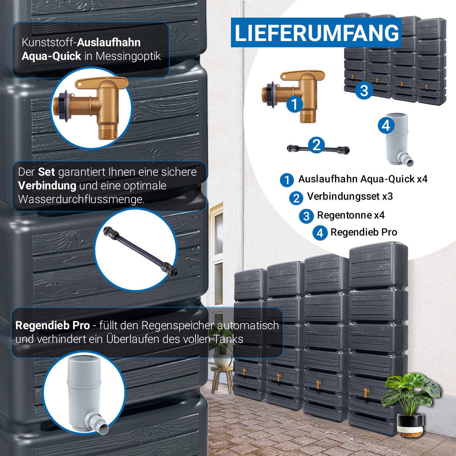 4rain Regentonne SLIM WOOD DECOR Wandtank-Set 1400 Liter graphite grey