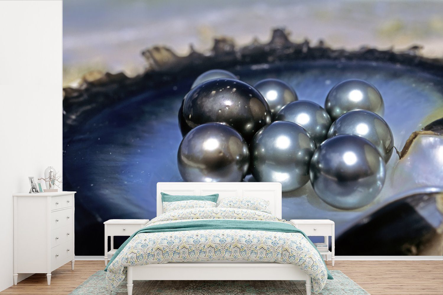 MuchoWow Fototapete Perlen in schwarzer Muschel Großaufnahme, Matt, bedruckt, (6 St), Wallpaper für Wohnzimmer, Schlafzimmer, Kinderzimmer, Vinyl Tapete