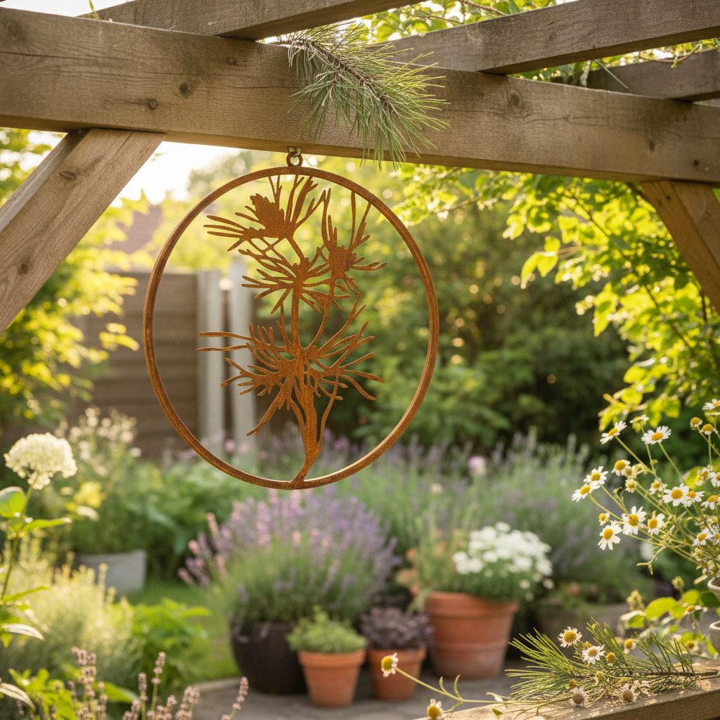 Florists Products Gartenfigur Dekoring Metallring Kiefernzweig Edelrost Vintage Wanddeko
