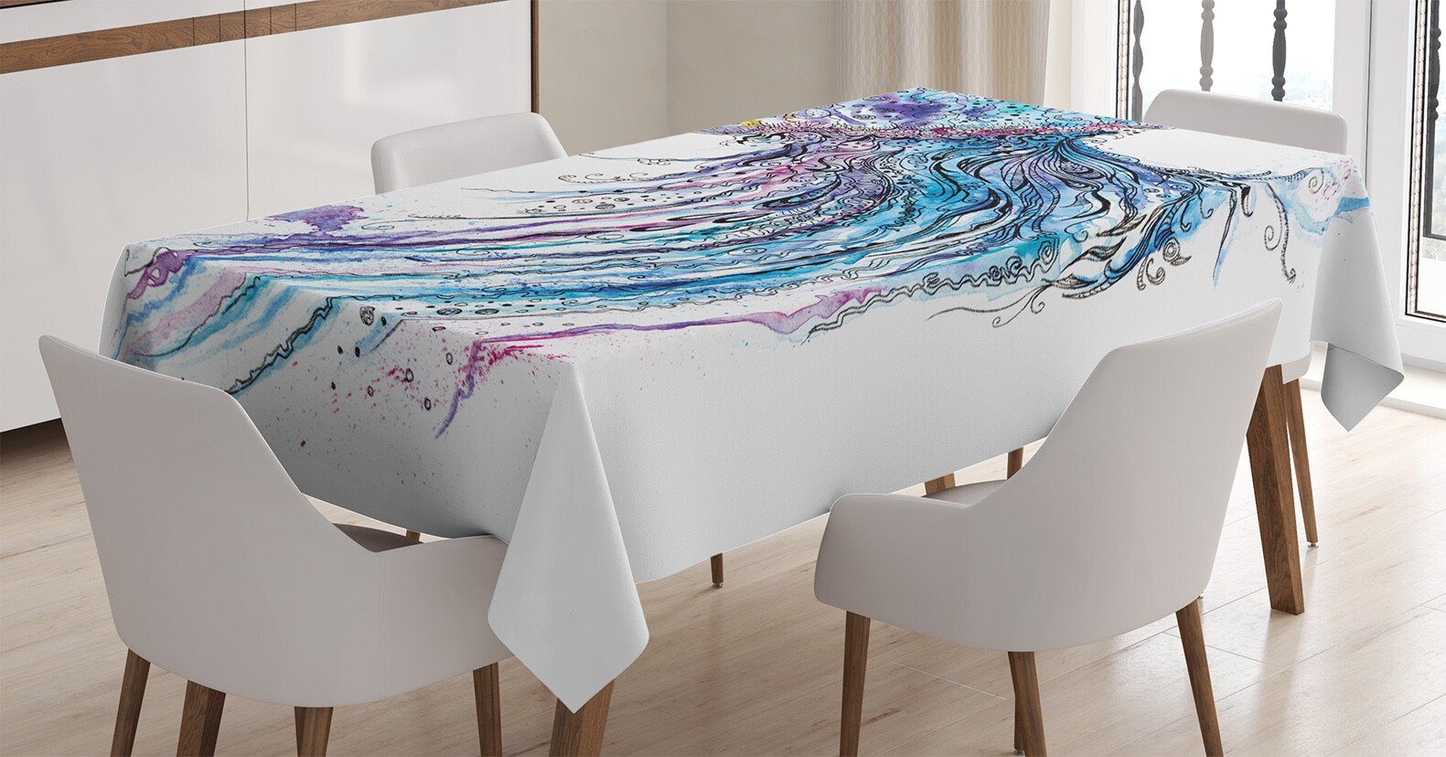 Abakuhaus Tischdecke Farbfest Waschbar Für den Außen Bereich geeignet Klare Farben, Qualle Aqua Farben Kreative