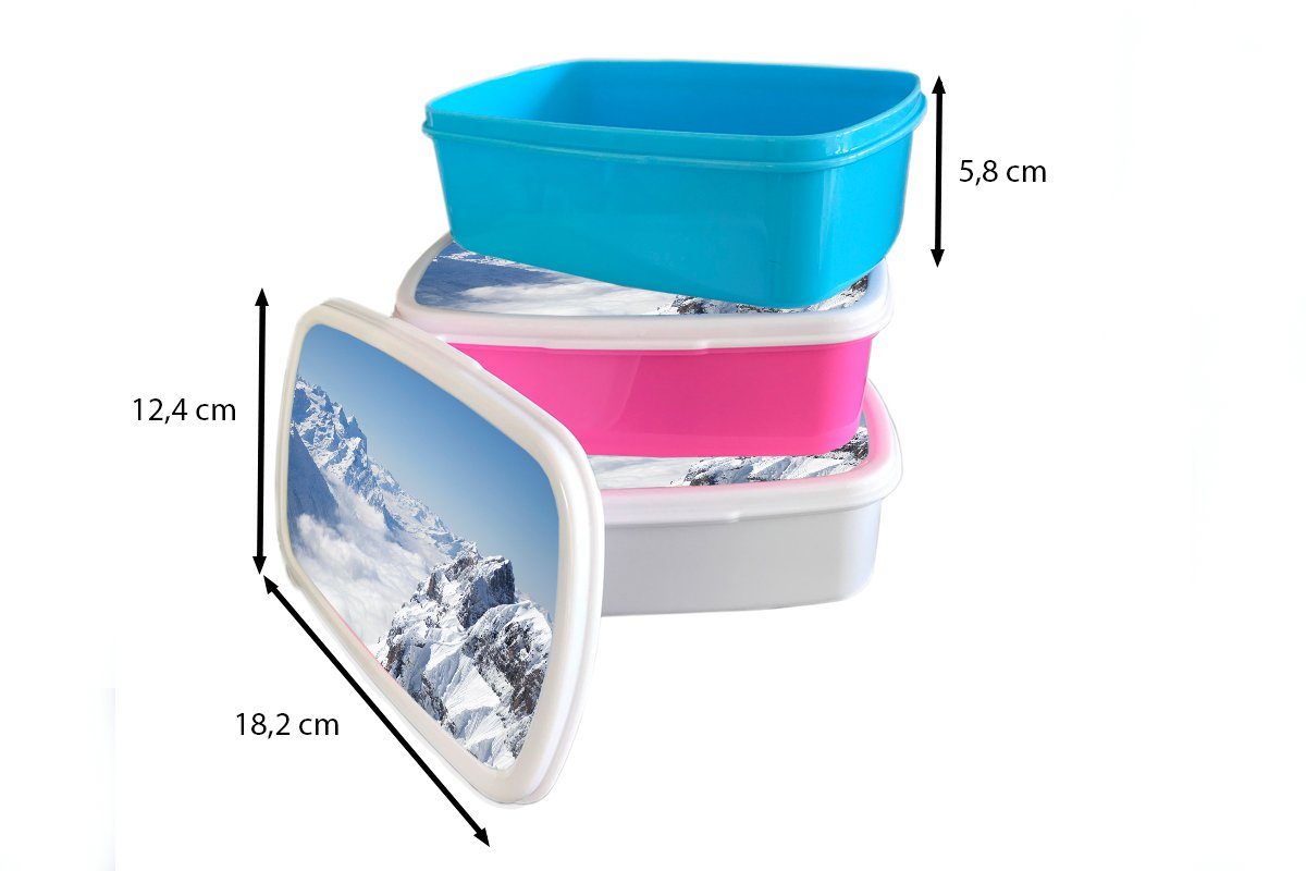 Kunststoff, weiß Berg, und Schnee für Brotbox und - Kinder MuchoWow für (2-tlg), - Jungs Mädchen Lunchbox Brotdose, Alpen Erwachsene,