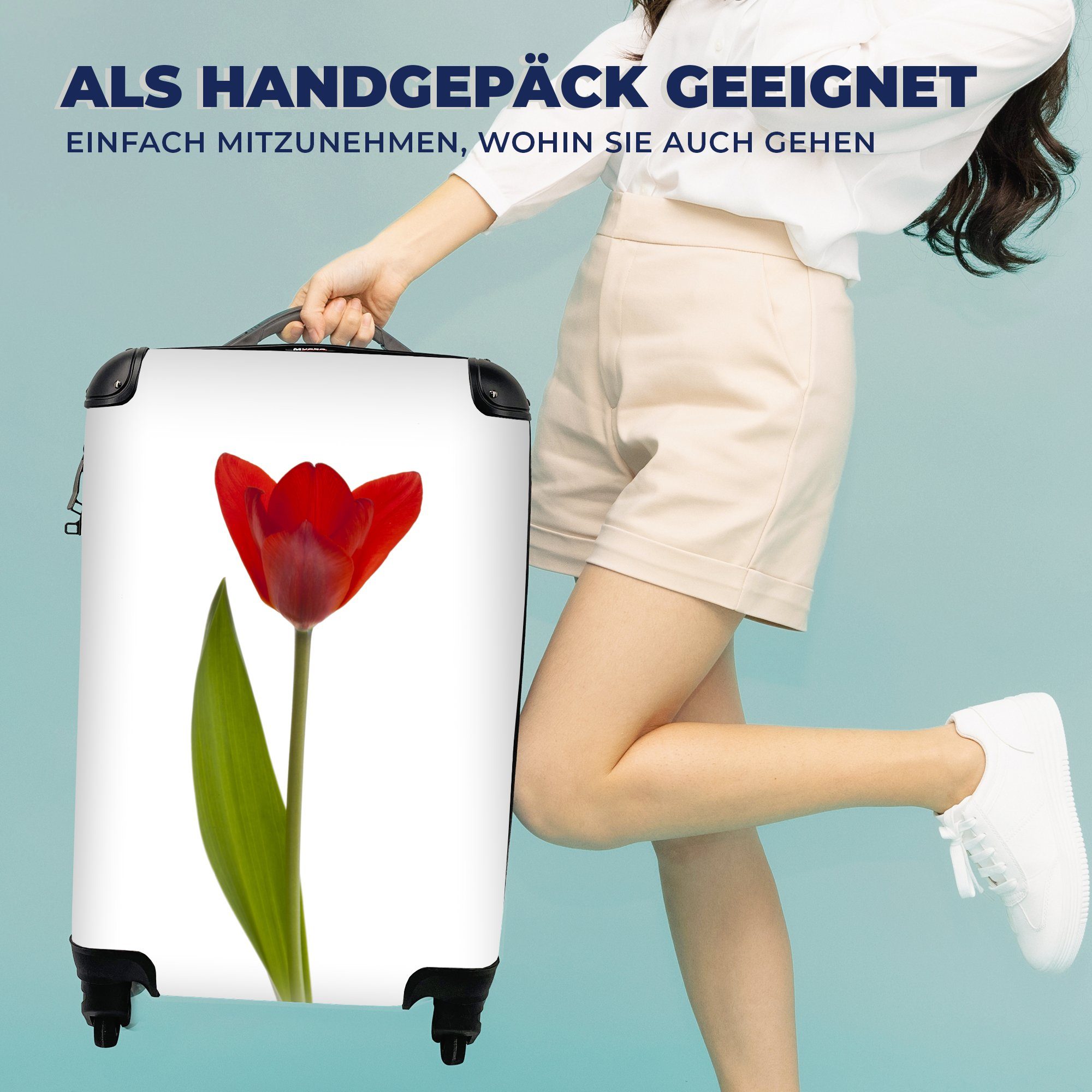 MuchoWow Reisetasche für Handgepäckkoffer rollen, vor Rote 4 Ferien, Trolley, Tulpe weißem Hintergrund, Rollen, Reisekoffer Handgepäck mit