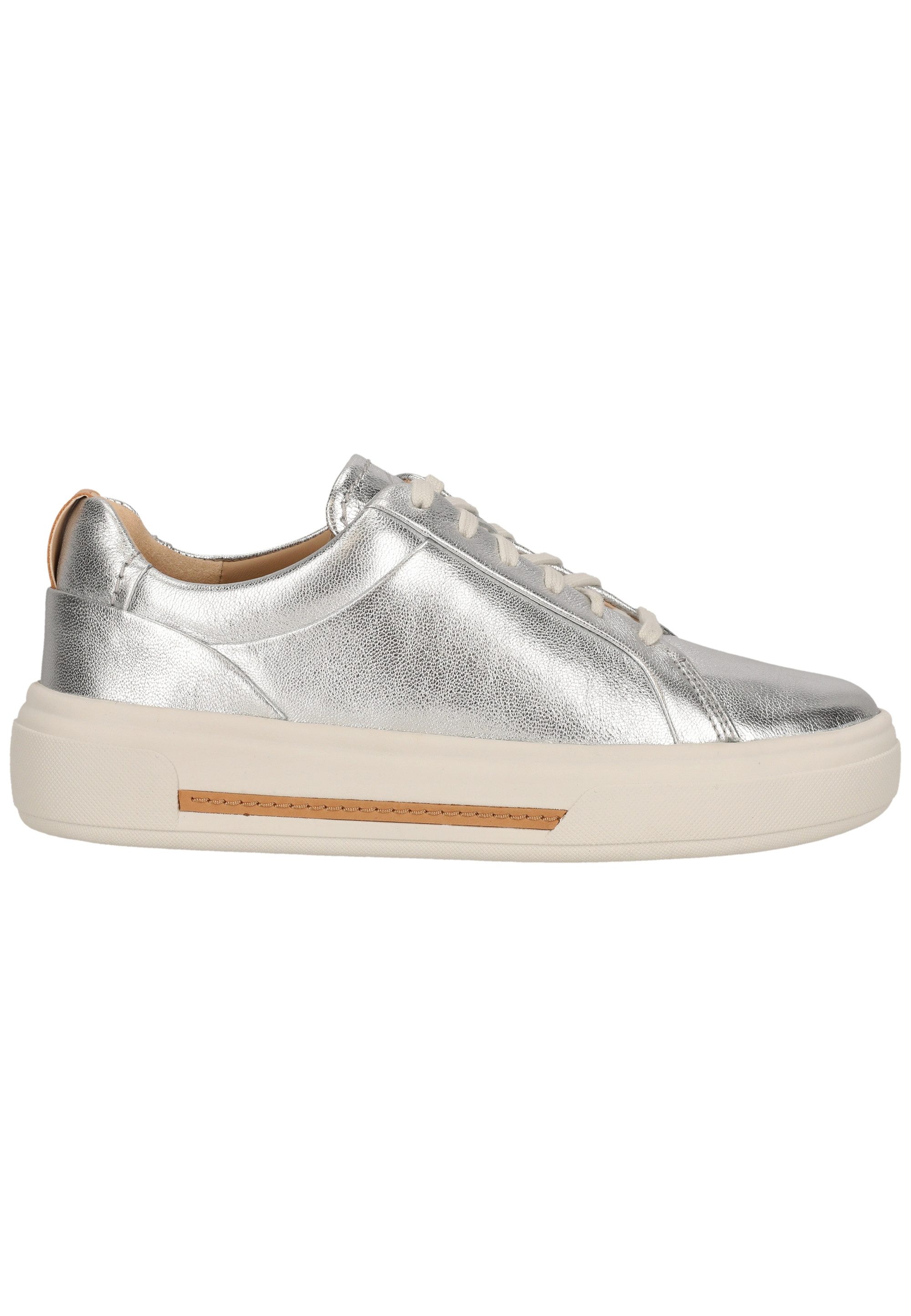 Clarks Hollyhock Walk Silver Leather Sneaker mit schimmernder Optik