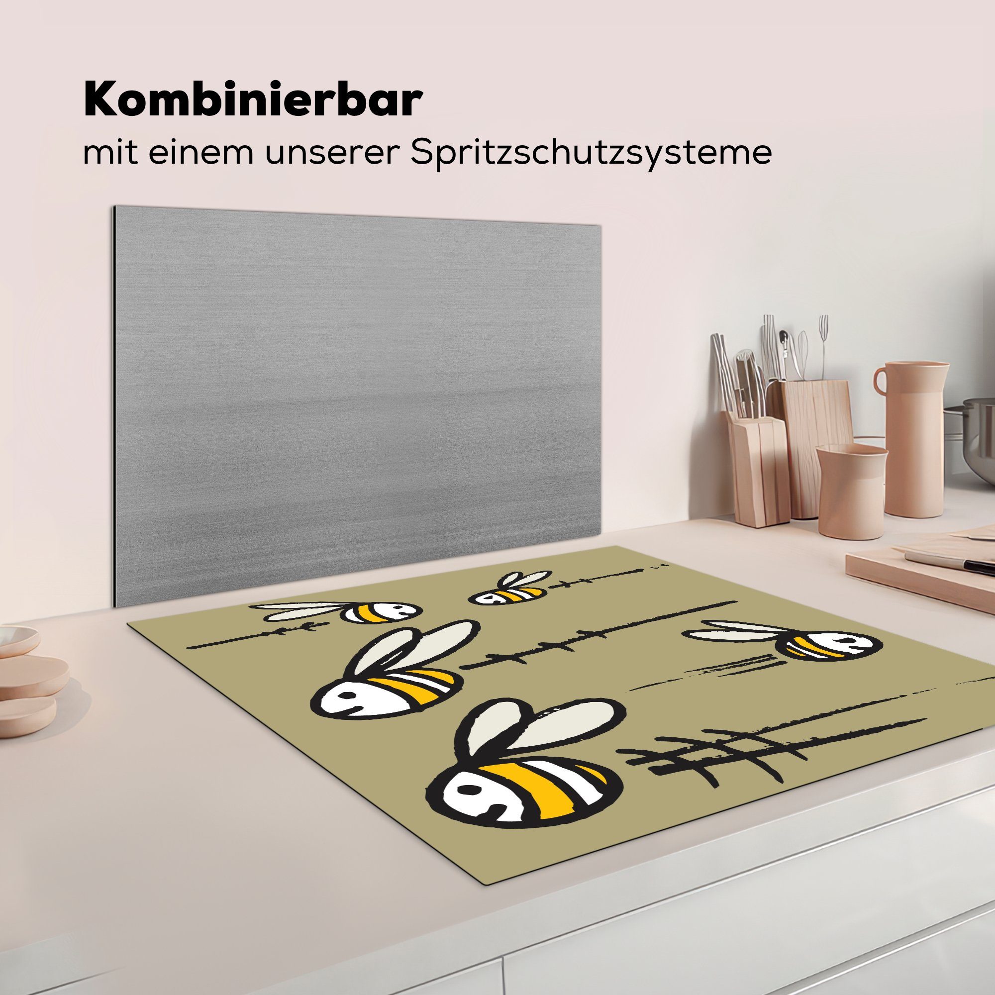 fünf (1 Vinyl, einem tlg), vor Eine Arbeitsplatte MuchoWow Hintergrund, von Bienen Herdblende-/Abdeckplatte Illustration beigen cm, küche 78x78 für Ceranfeldabdeckung,