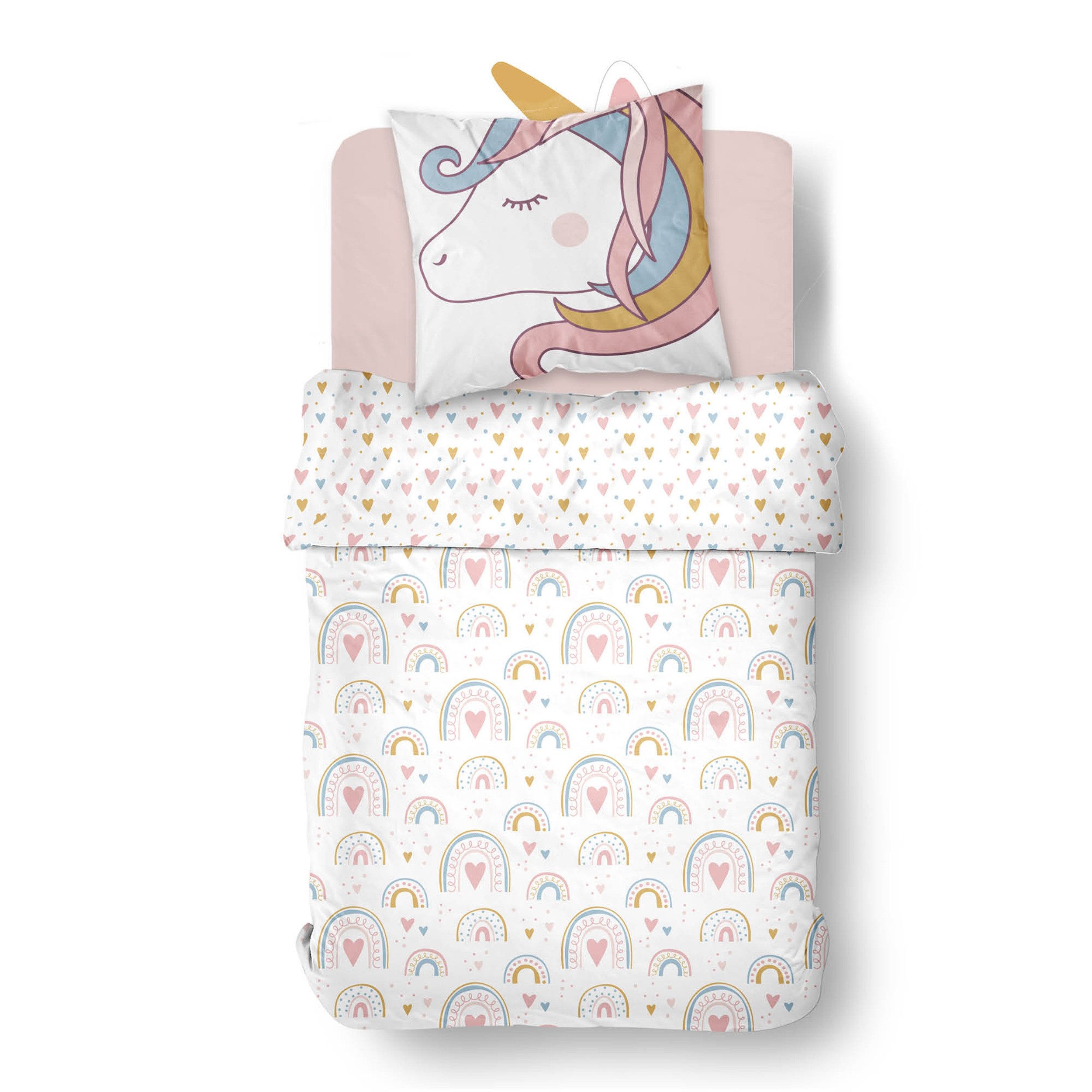 Familando Kinderbettwäsche Einhorn Set 135x200 80x80 cm aus 100% Baumwolle mit Reißverschluss, Renforcé, 2 teilig, mir Horn und Ohr am Kopfkissen