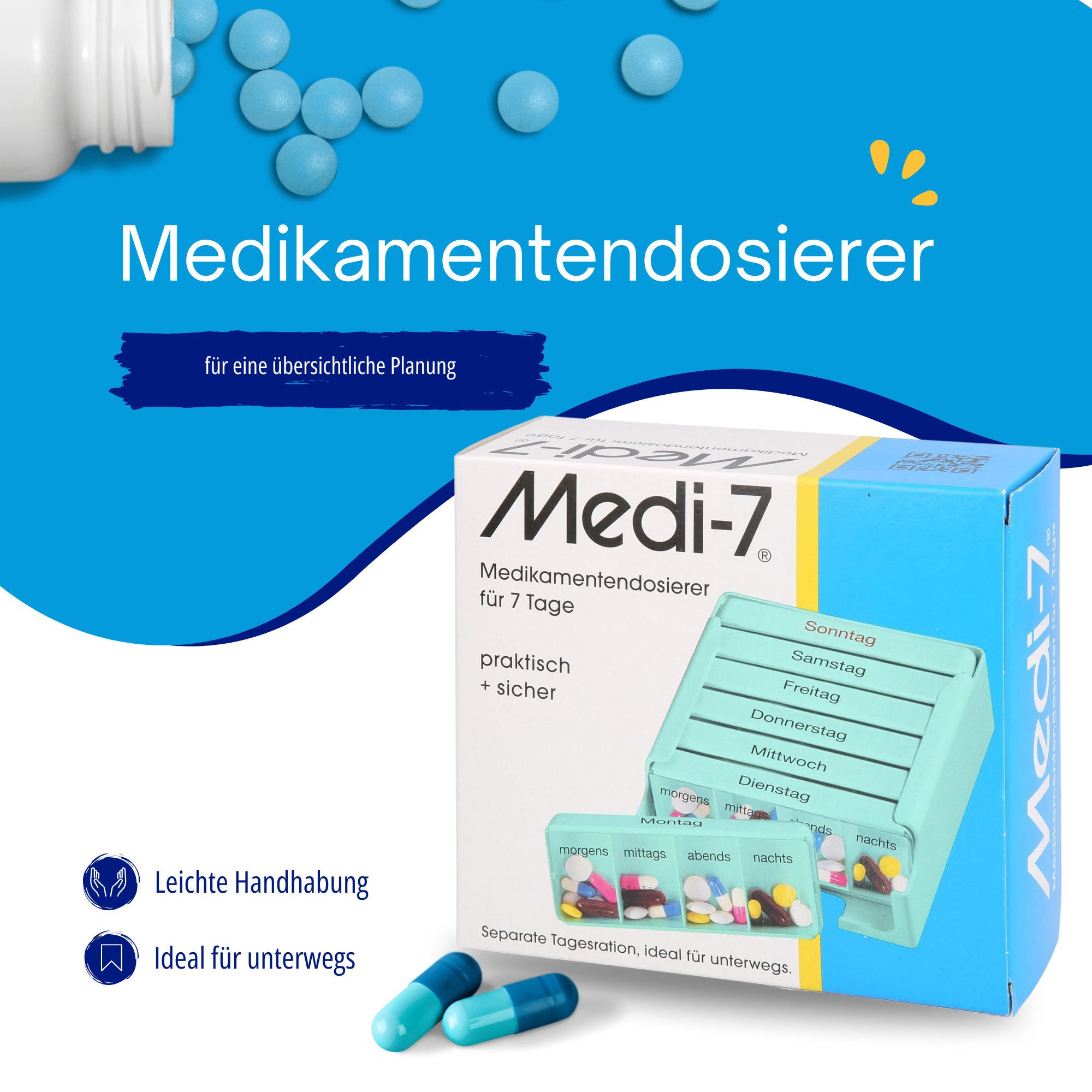 Unbrand Pillendose Medikamentendosierer für 7 Tage Medi-7 Tablettendose türkis