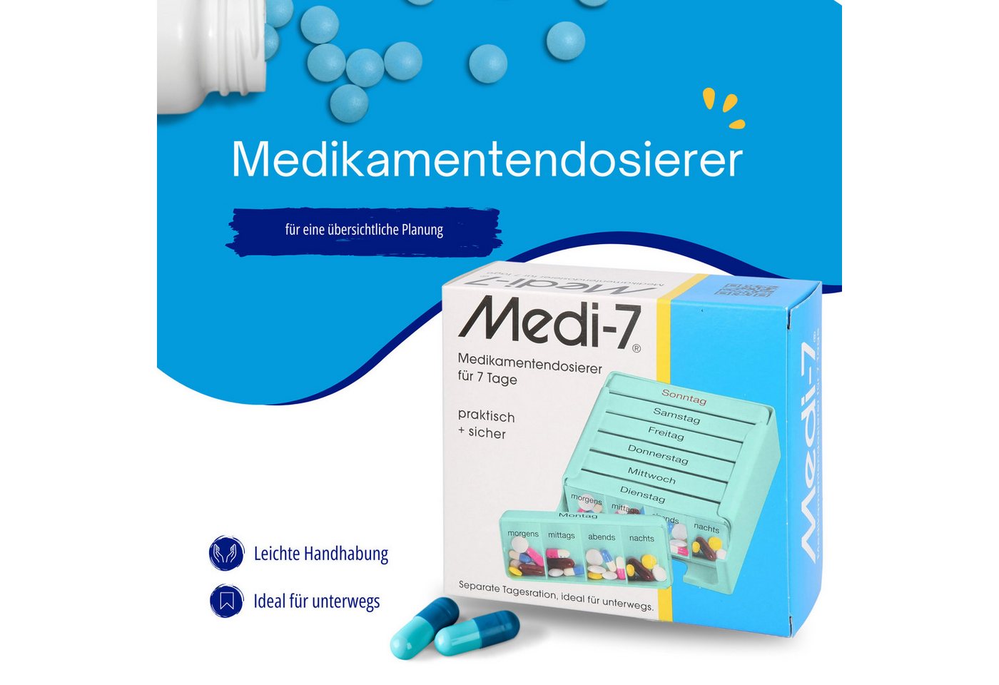 Thumbnail - Unbrand Pillendose Medikamentendosierer für 7 Tage Medi-7 Tablettendose türkis