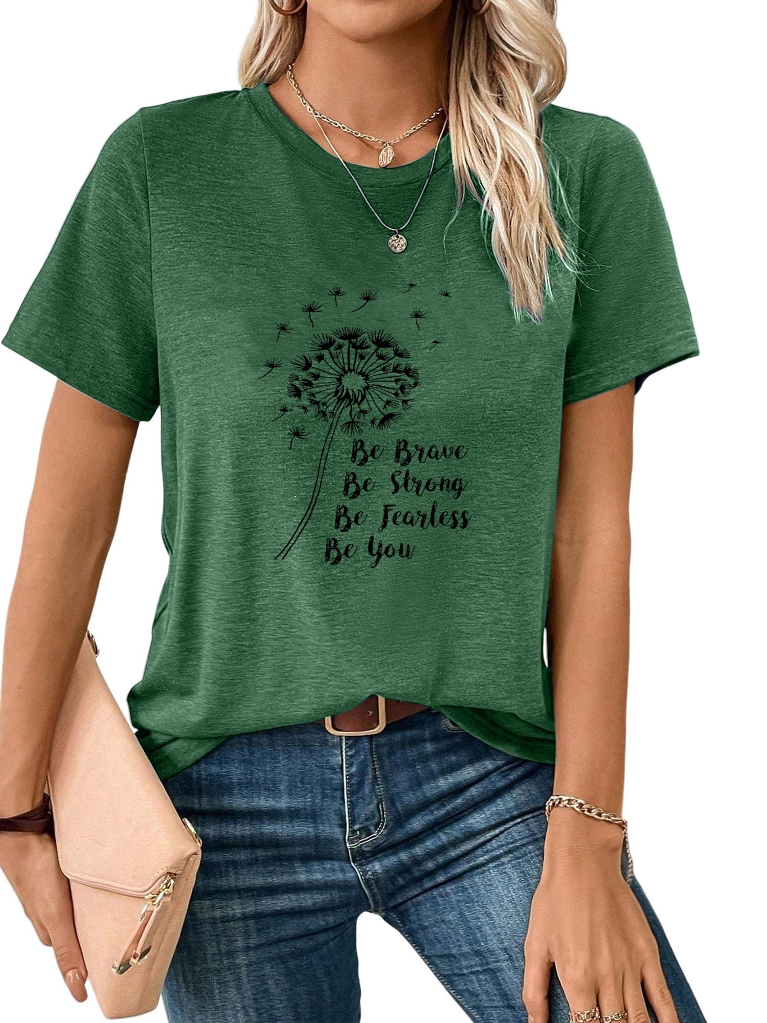 T-Shirt Damen Sommer Kurzarmbluse Locker Löwenzahn Print-Shirt
