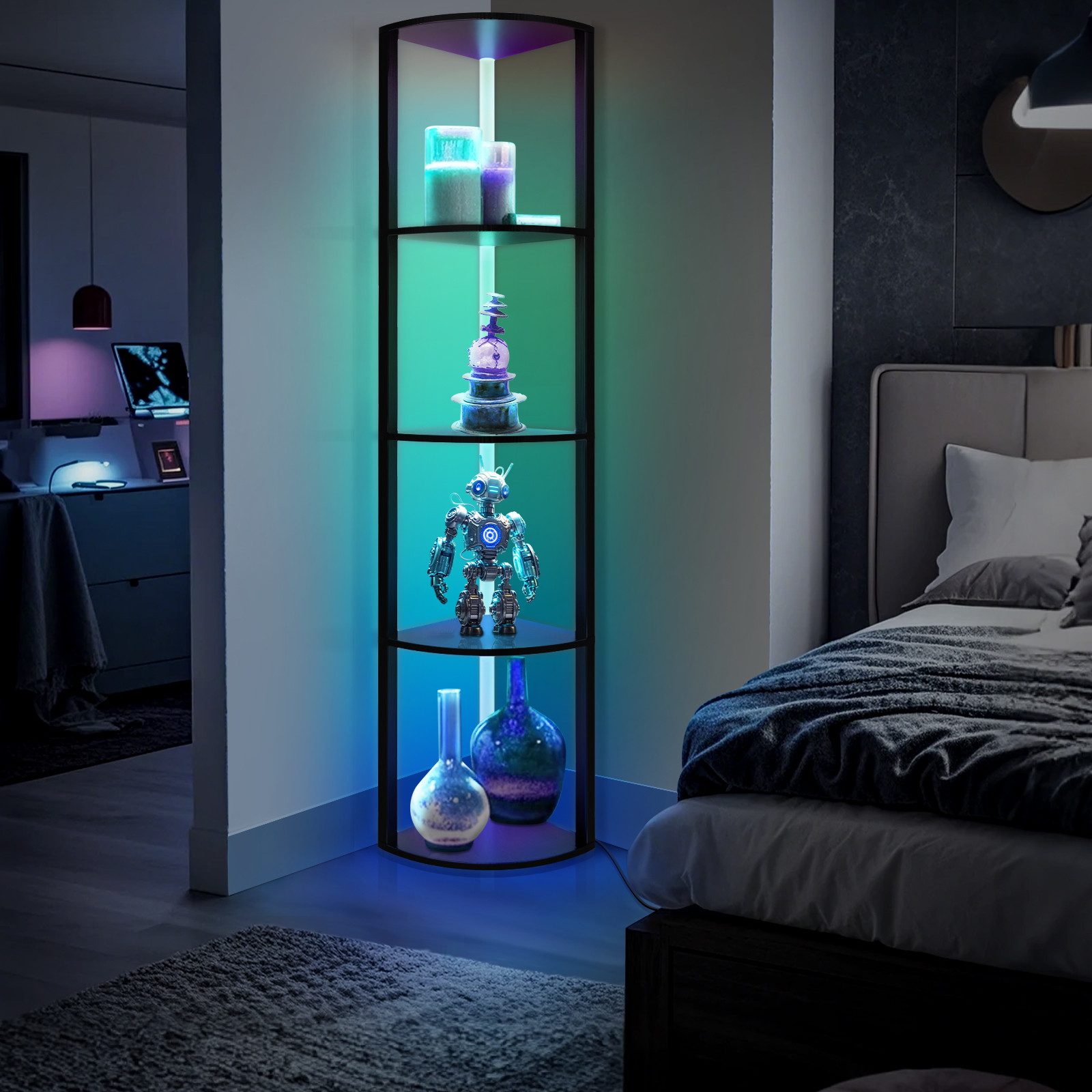 XERSEK Eckvitrine Eckschrank Eckregal mit Dimmbare LED, Vitrine 4-Ebenen Ec günstig online kaufen