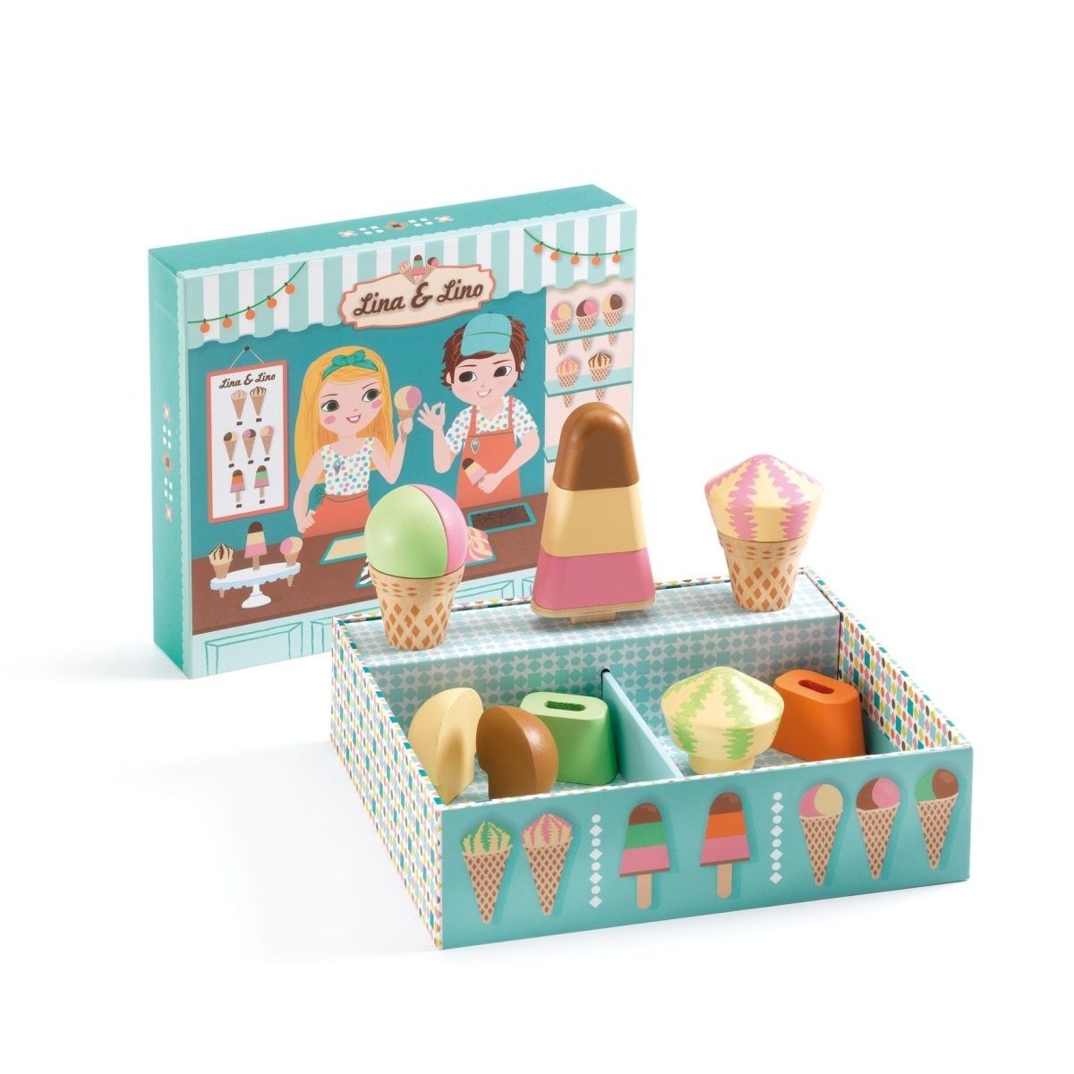 DJECO Lernspielzeug Rollenspiel Eisdiele Lina & Lino Lernspielzeug für Kinder mit Lernwert, Lernspielzeug