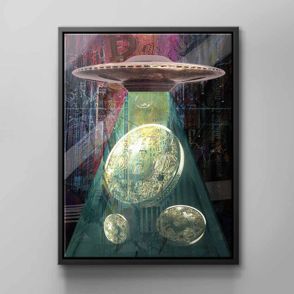 DOTCOMCANVAS® Leinwandbild Bitcoin Aliens, Wandbild Business Bitcoin Kryptowährung Geld Alien Schiff Gold Rosa weißer Rahmen