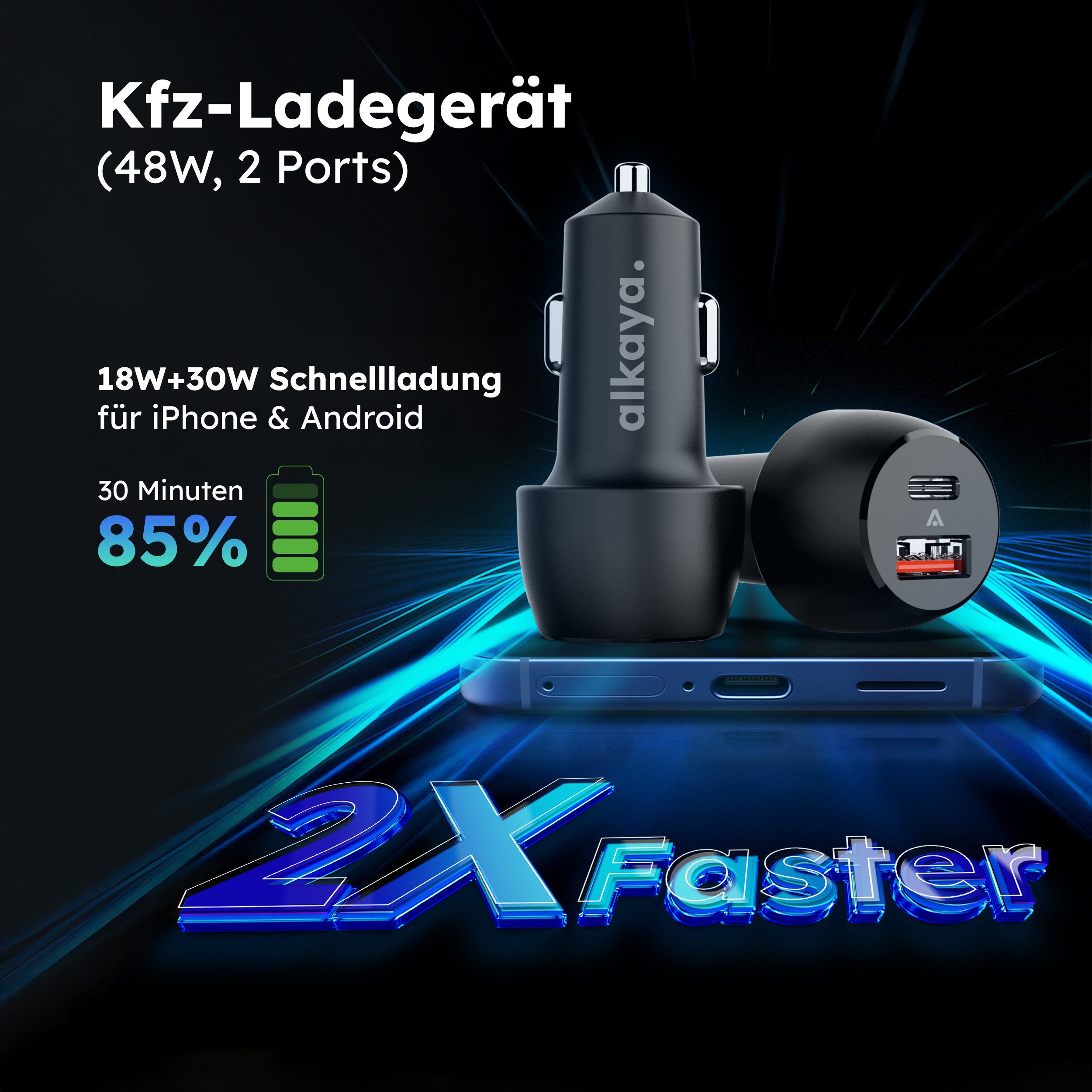 alkaya. Cigarette lighter USB-C + USB-A, car/vehicle charger, car adapter USB Type A, USB-C, car/vehicle adapter 2 ports - Black