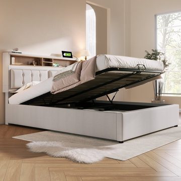 Sweiko Polsterbett, Doppelbett mit Stauraumkopfteil und USB, Leinen, 160*200 cm, ohne Matratze