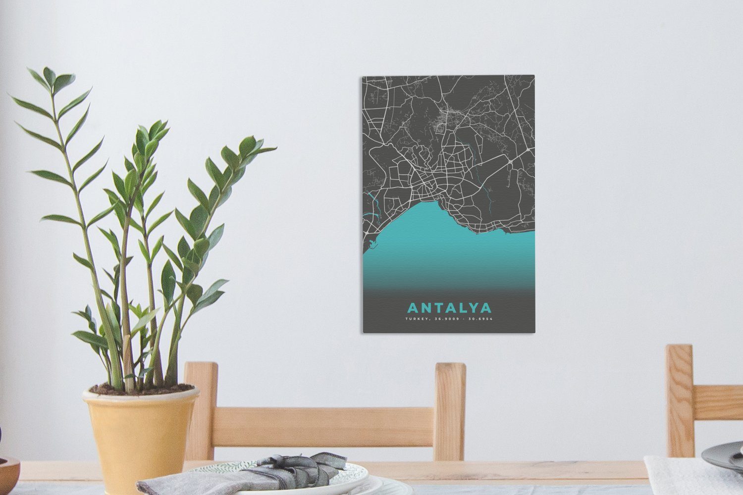 OneMillionCanvasses® Leinwandbild Antalya - Stadtplan - Zackenaufhänger, 20x30 - bespannt cm Leinwandbild inkl. Blau, (1 St), Karte Gemälde, fertig