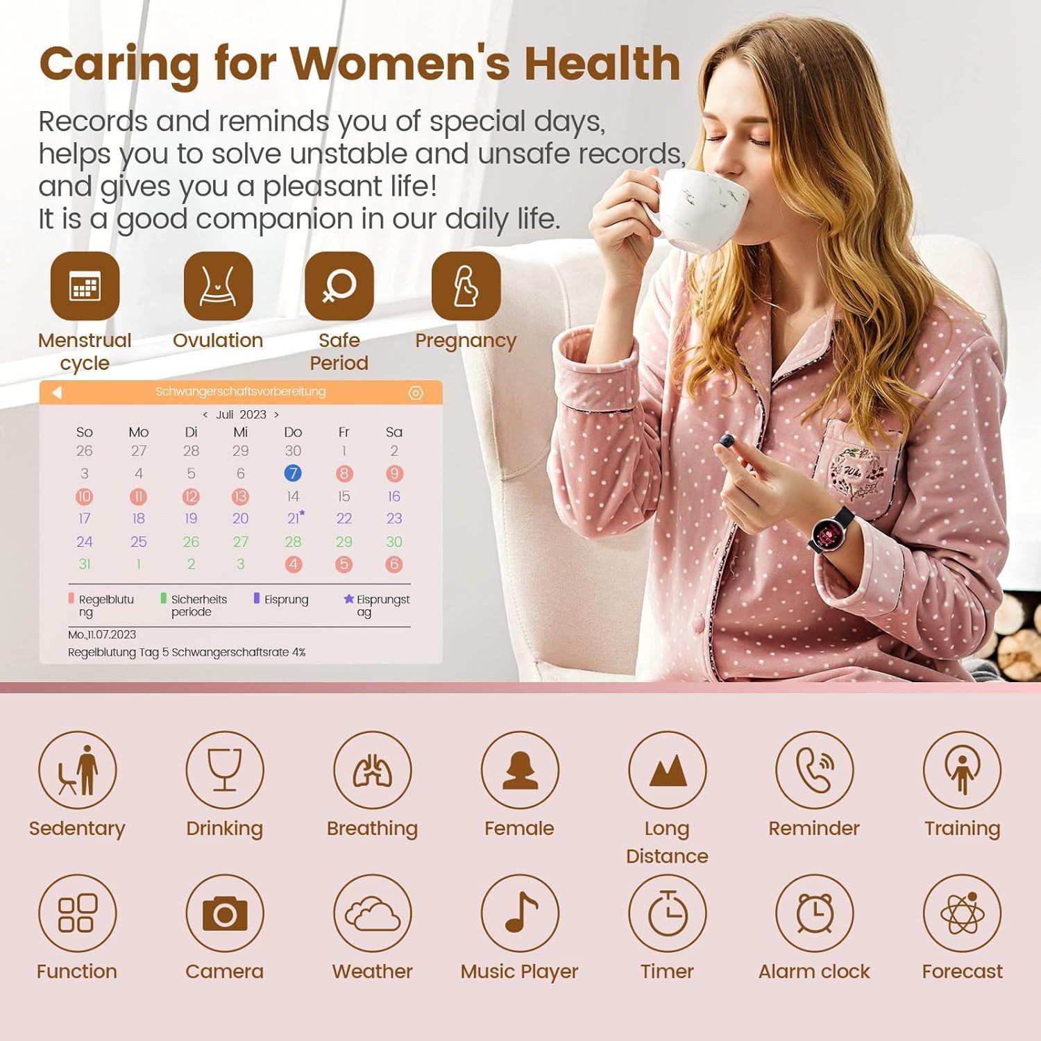 elfofle Damen's Telefonfunktion IP67 Wasserdicht Fitness Tracker Smartwatch (3,5 cm/1,39 Zoll, Android iOS), 1-tlg., mit 120 Sport SpO2 Pulsuhr Menstruationszyklus SchlafmonitorArmbanduhr