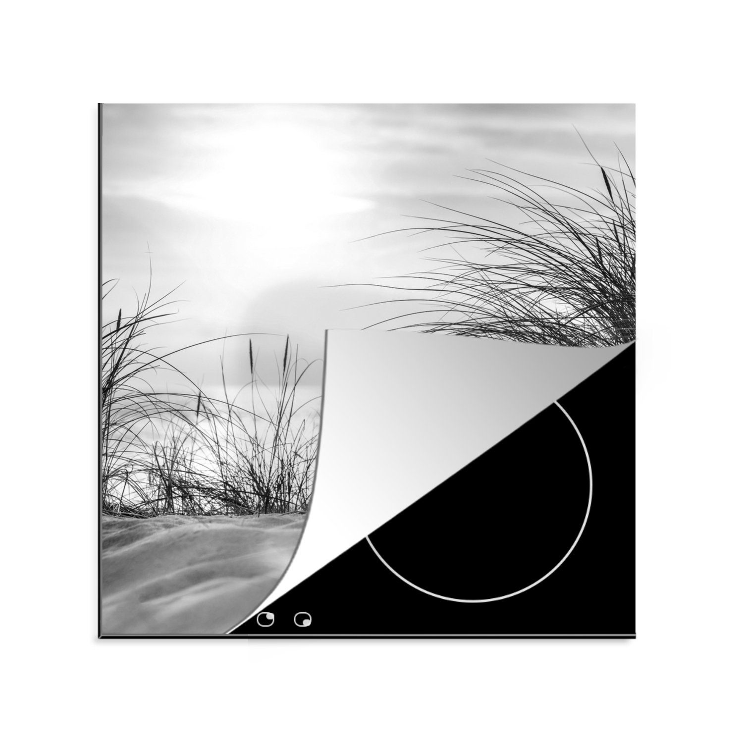 MuchoWow Herdblende-/Abdeckplatte Wattenmeer - Schwarz - Weiß - Dünen, Vinyl, (1 tlg), 78x78 cm, Ceranfeldabdeckung, Arbeitsplatte für küche