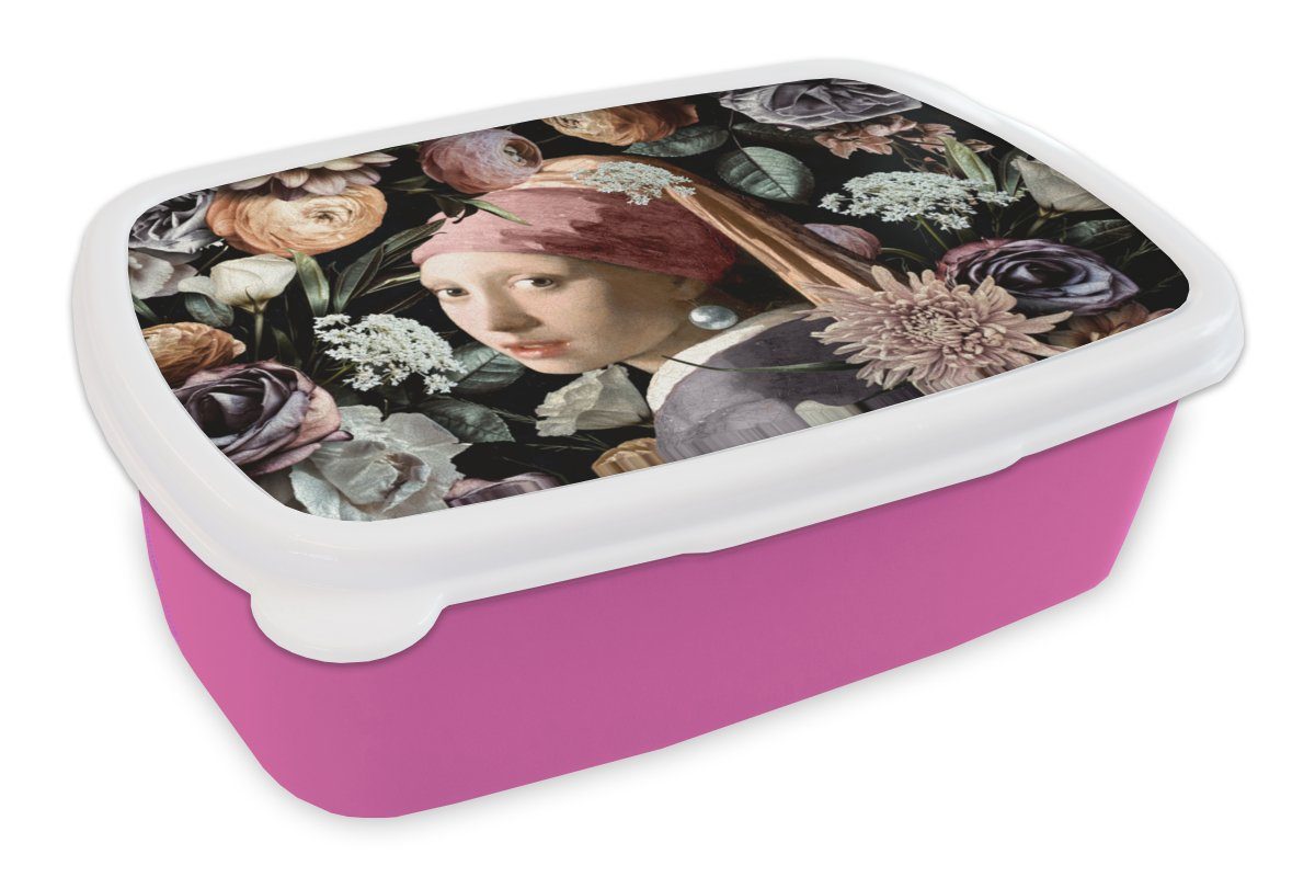 MuchoWow Lunchbox Mädchen mit Perlenohrring - Blumen - Vermeer - Pastell - Kunstwerk -, Kunststoff, (2-tlg), Brotbox für Erwachsene, Brotdose Kinder, Snackbox, Mädchen, Kunststoff rosa