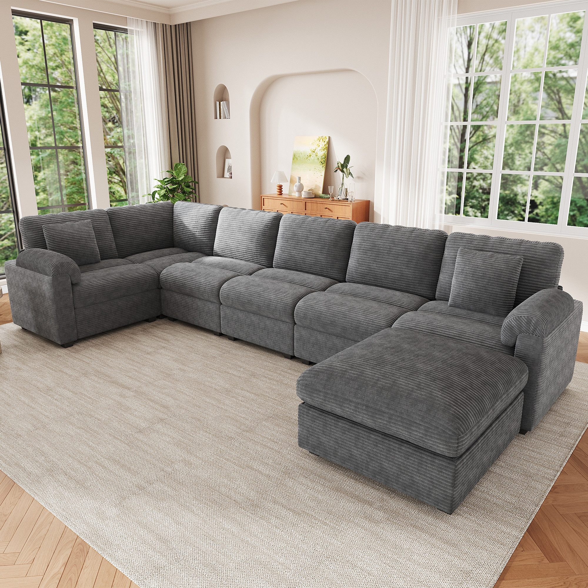 Merax Ecksofa XXL U-/L-Form Modulsofa 7-Sitzer Sofa mit Hocker, 274,5 x 210,5 x 85,5 cm 1 Teile, Cord Ecksofa Wohnlandschaft mit Kissen, flexibel kombinierbar Couch