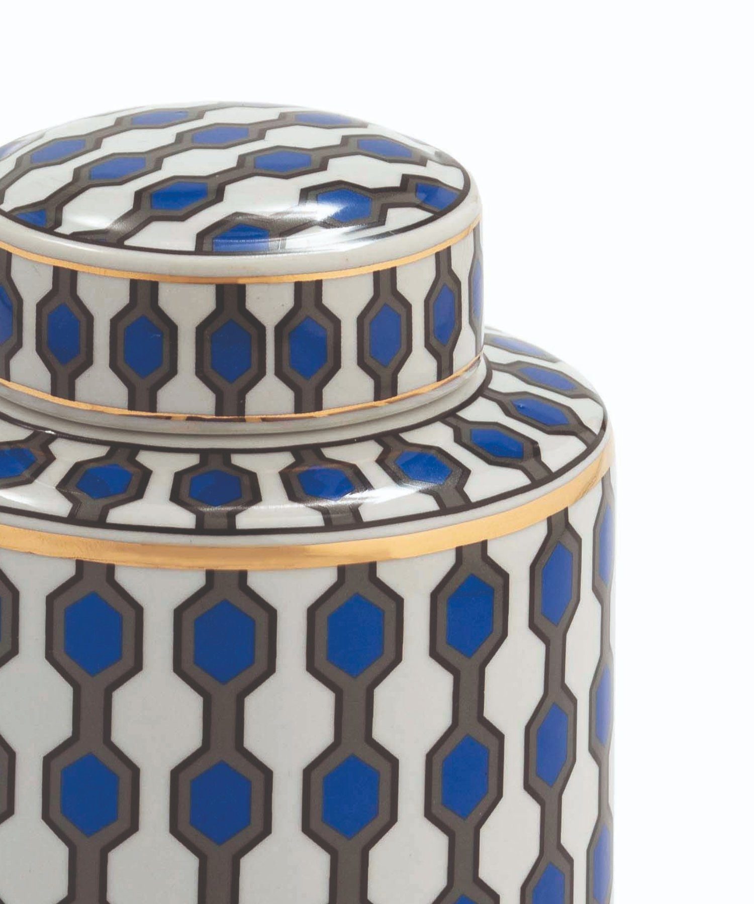 Cosy Home Ideas Deckelvase Vase), geometrisches ausgefallenes bestehend Muster 1 Keramik Tischvase gemustert blau-weiß-gold Ingwertopf geometrisch (1 Stück, aus