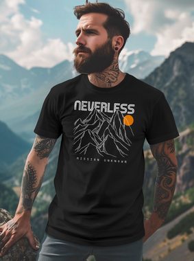 Neverless Print-Shirt Herren T-Shirt Frontprint Gebirge Line-Art Printshirt Wandern Outdoor mit Print