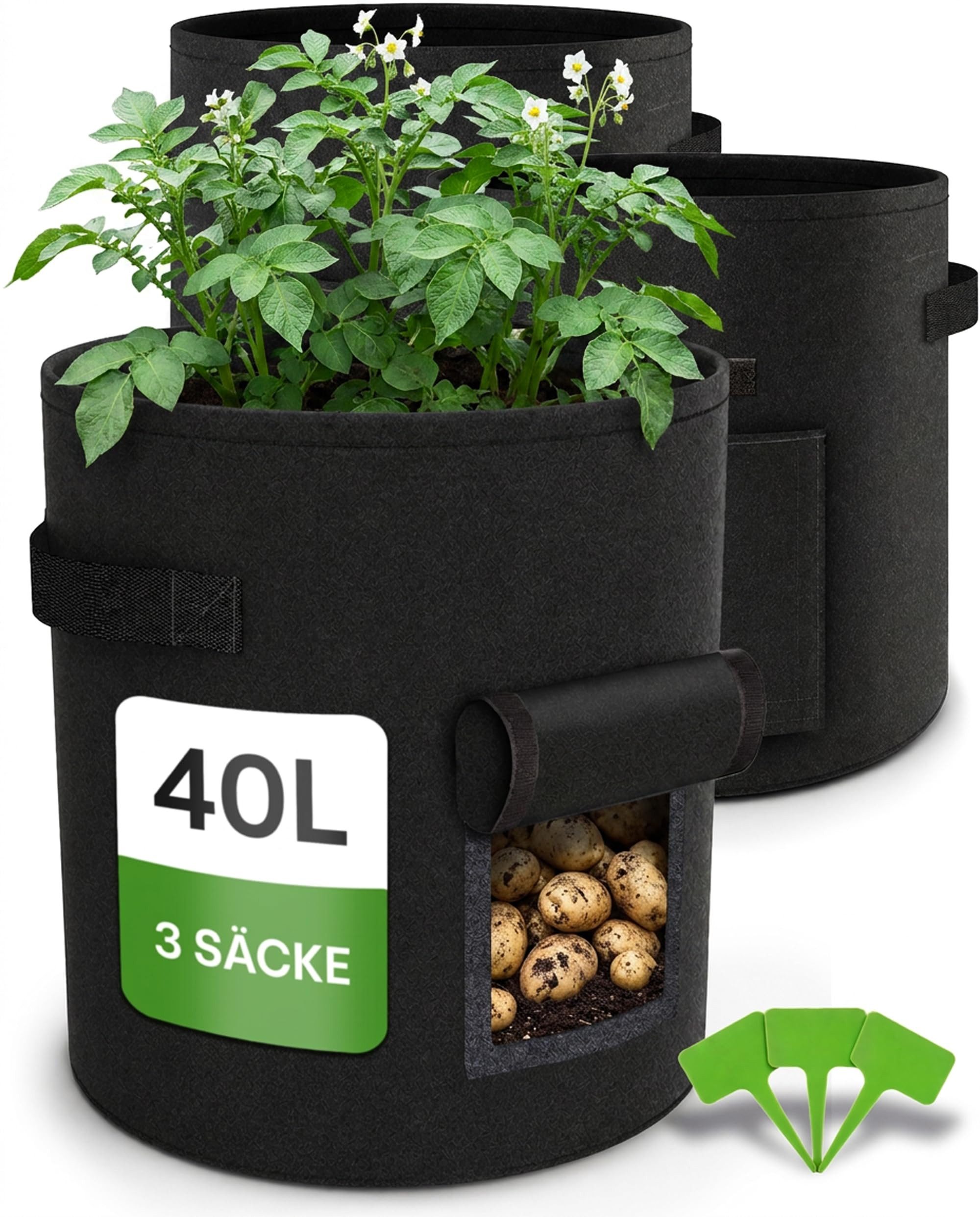 Praknu Pflanzkübel Kartoffelsack Pflanzsack 3er Set - 40L Groß - Mit Sichtfenster und (3er Set, 3 St., 3er Set Pflanzsack 50L aus Vliesstoff), mit Griff - Für Gemüse, Pflanzen & Blumen - Stofftöpfe - Grow Töpfe