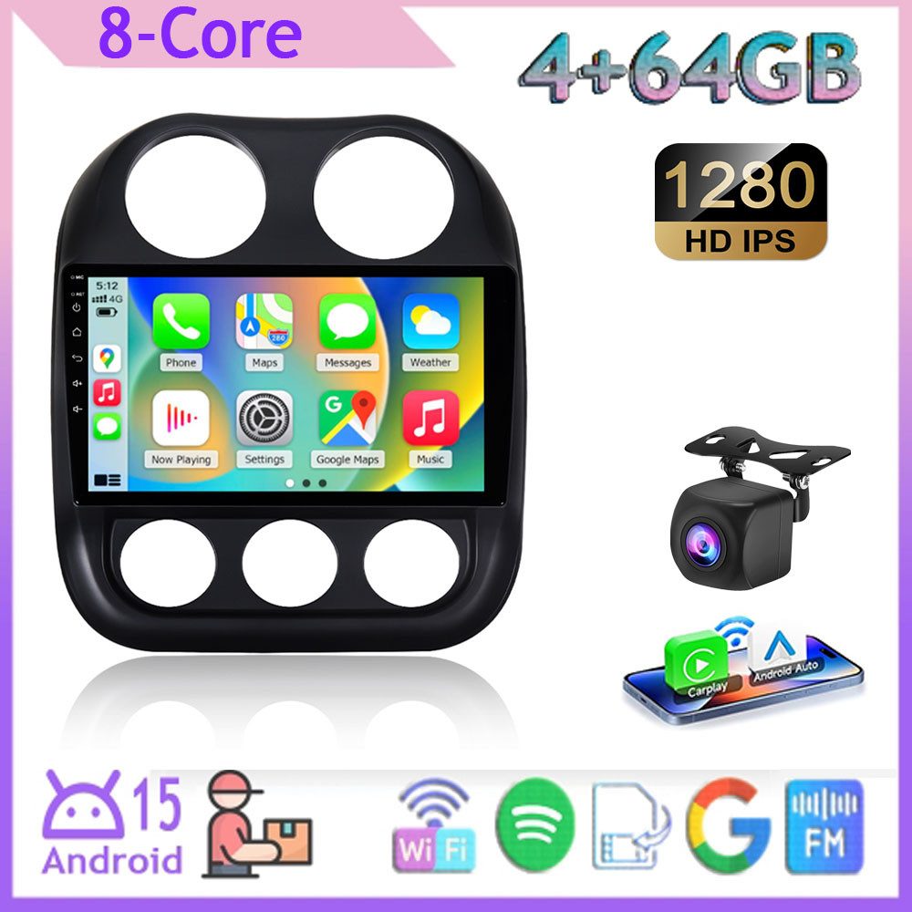 A-Sure 8-CORE 10.1''4+64GB Android 15 Für Jeep Compass 2010-2016 GPS NAVI RDS Autoradio (Digitalradio (DAB), Apple Carplay, UI Theme, Siri, Mirrorlink, Google play, Netflix, Youtube, Calendar, TikTok)