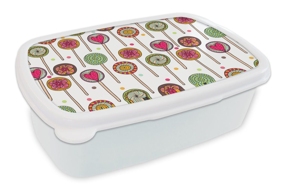 MuchoWow Lunchbox Muster - Lollipop - Herzen - Süßigkeiten, Kunststoff, (2-tlg), Brotbox für Kinder und Erwachsene, Brotdose, für Jungs und Mädchen weiß