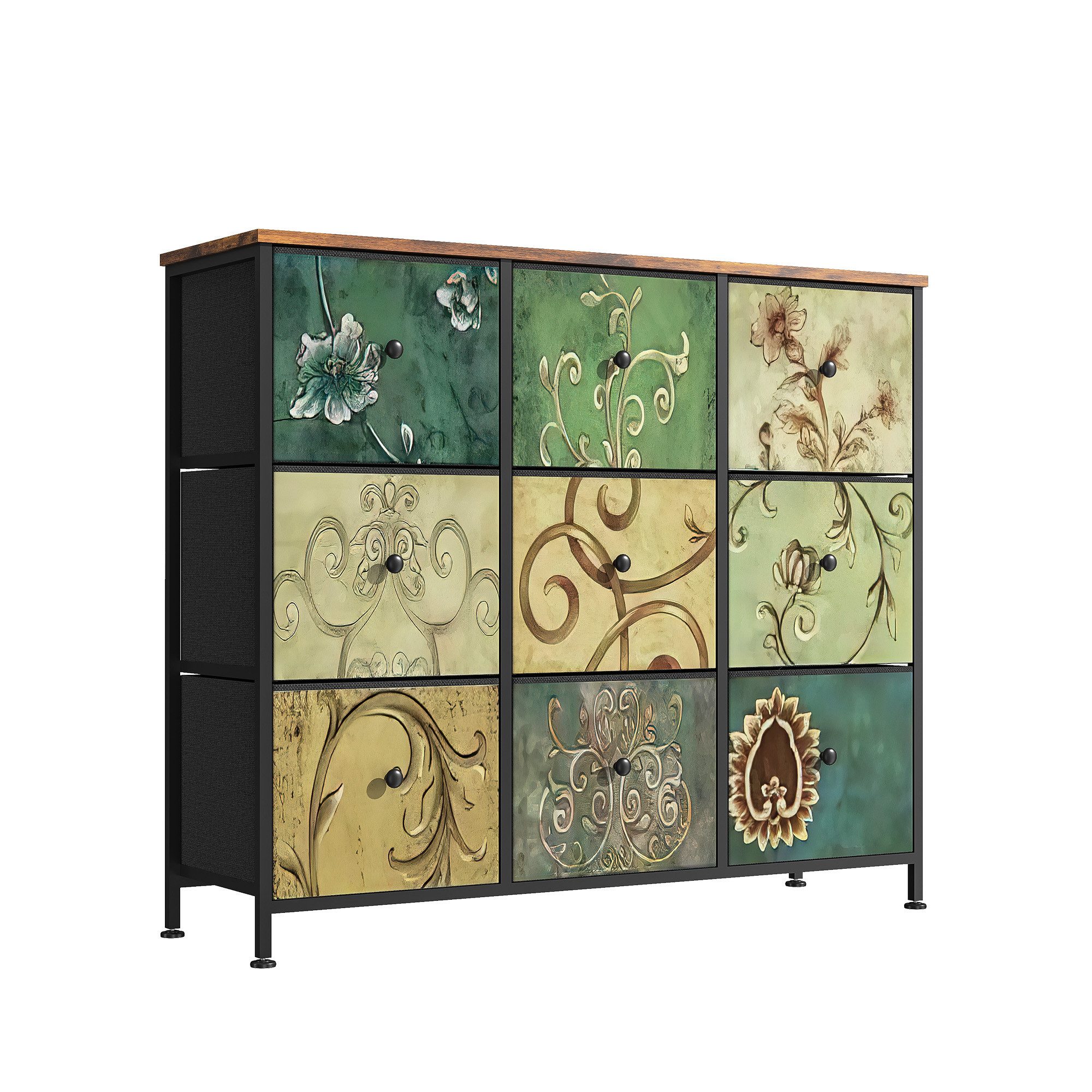 FUROKOY Kommode Stauraumschrank,Schrank Schlafzimmer,Metallrahmen,Retro Stil, Blumenmuster,9 Schubladen