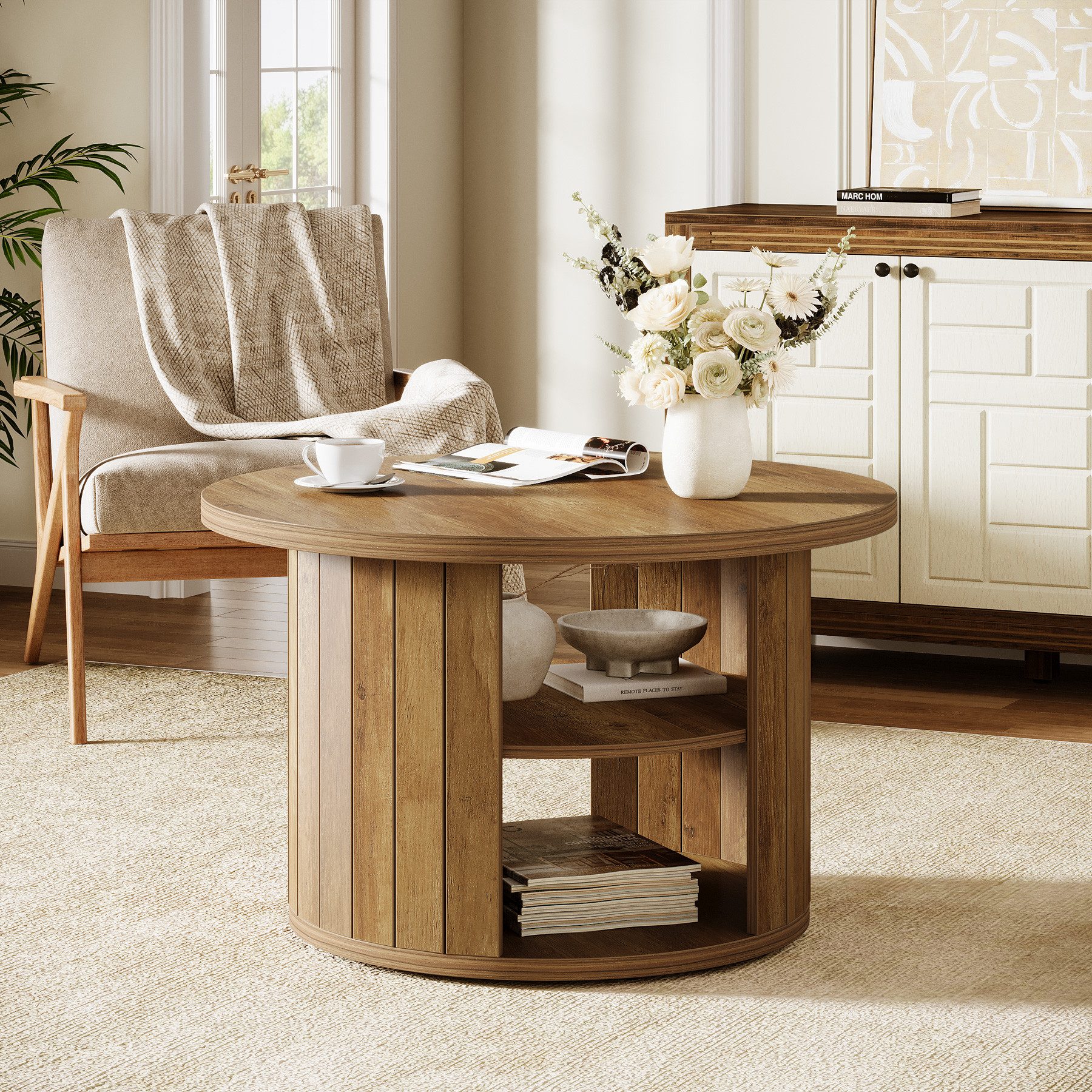 Tribesigns Couchtisch Runde 80cm Industrial 2-Tier-Kreis Wohnzimmertisch mit Lagerung Regale – Bild 5 von 5