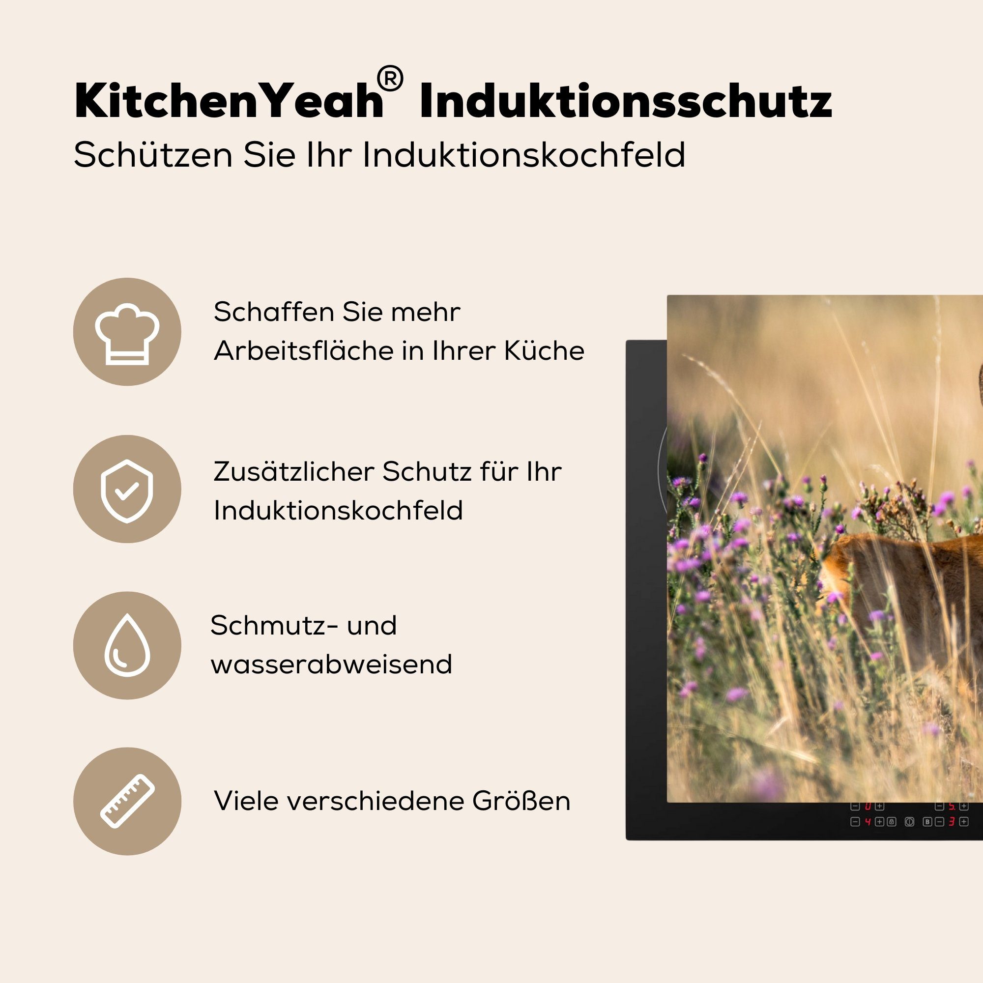 cm, für 83x51 - Herdblende-/Abdeckplatte tlg), Blumen, (1 Arbeitsplatte Lila küche Vinyl, MuchoWow Ceranfeldabdeckung, - Hirsche