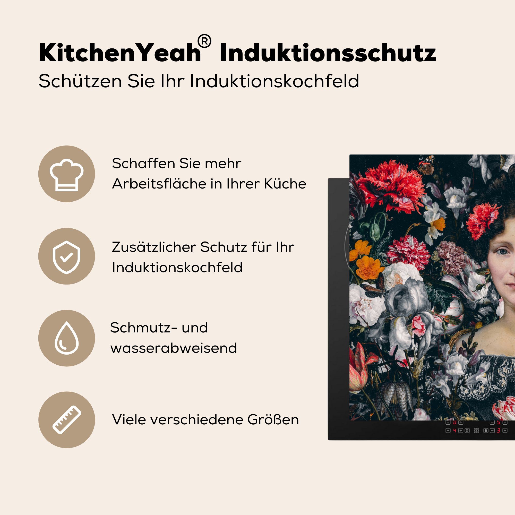MuchoWow Herdblende-/Abdeckplatte Alte Meister Ceranfeldabdeckung küche, - (1 tlg), cm, Induktionskochfeld Collage, Schutz - Vinyl, Blumen 71x52 die für