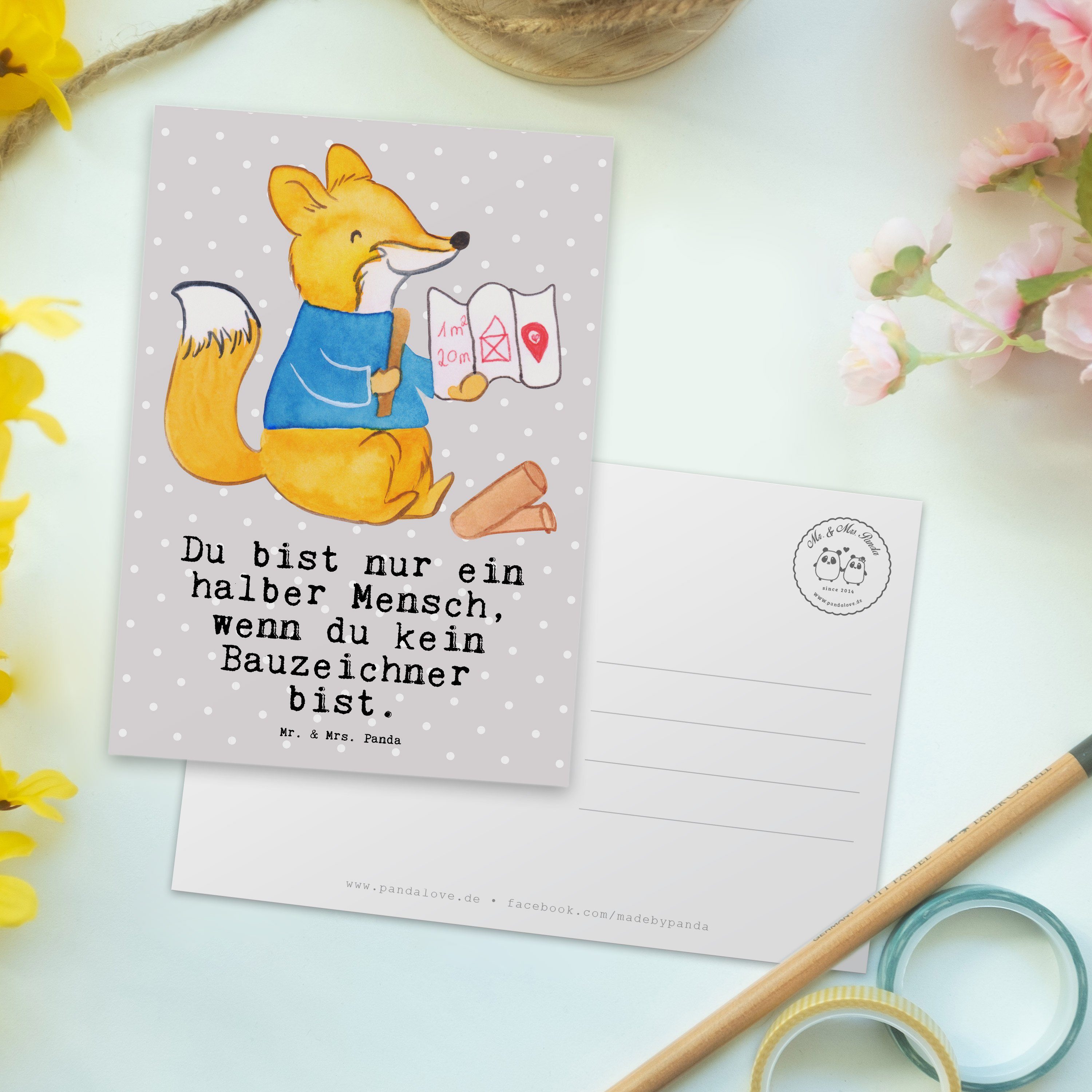 Mr. & Mrs. Panda Postkarte Herz - Bauzeichner - mit Grau Geschenk, Pastell Abschied, Geschenkkar