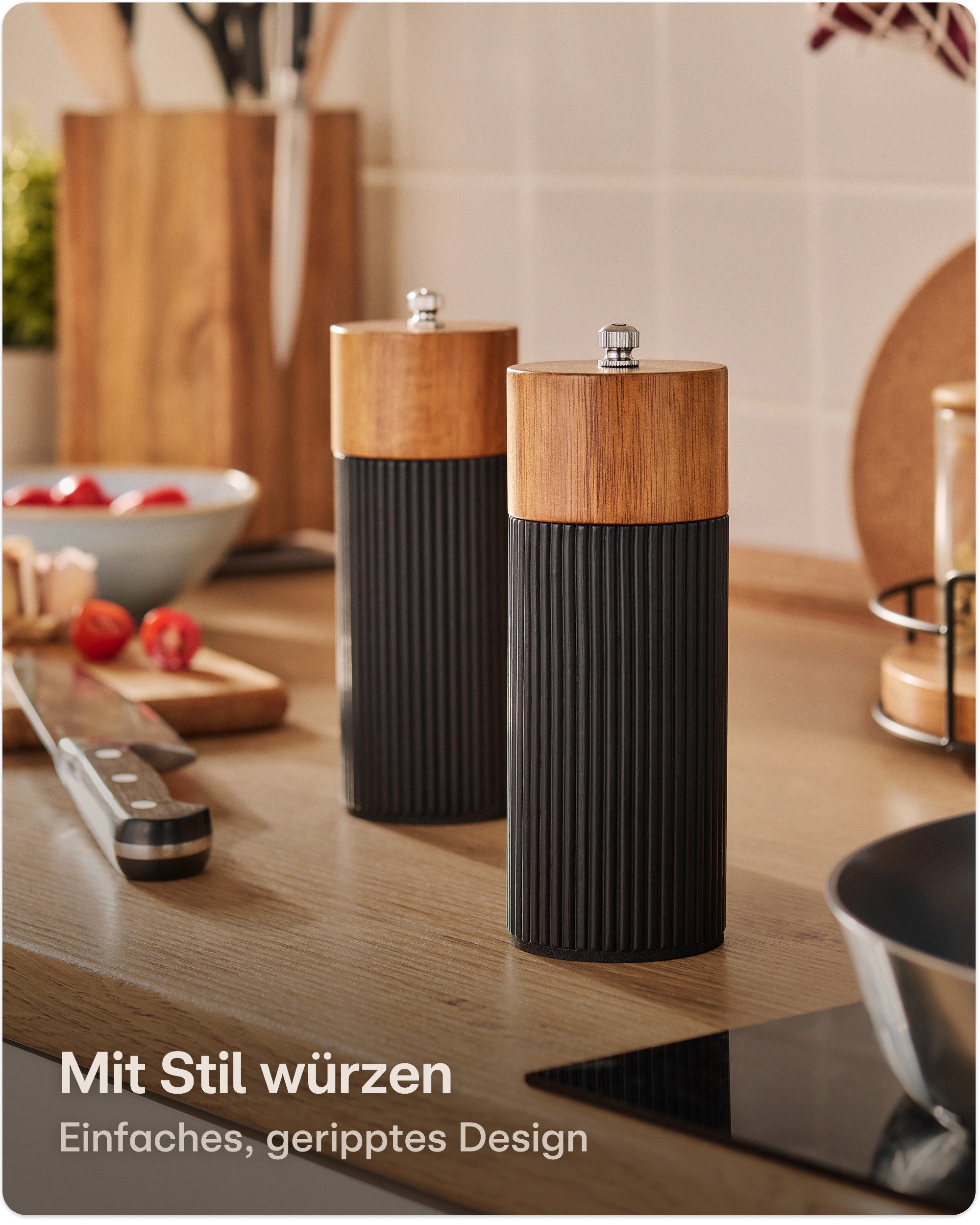 Praknu Salz- / Pfefferstreuer Salz & Pfeffermühle Set Akazien Holz – Edles Design & Keramikmahlwerk, (2er Set, 2-tlg), FSC-zertifiziert, Keramikmahlwerk, Stufenlos einstellbar, Langlebig