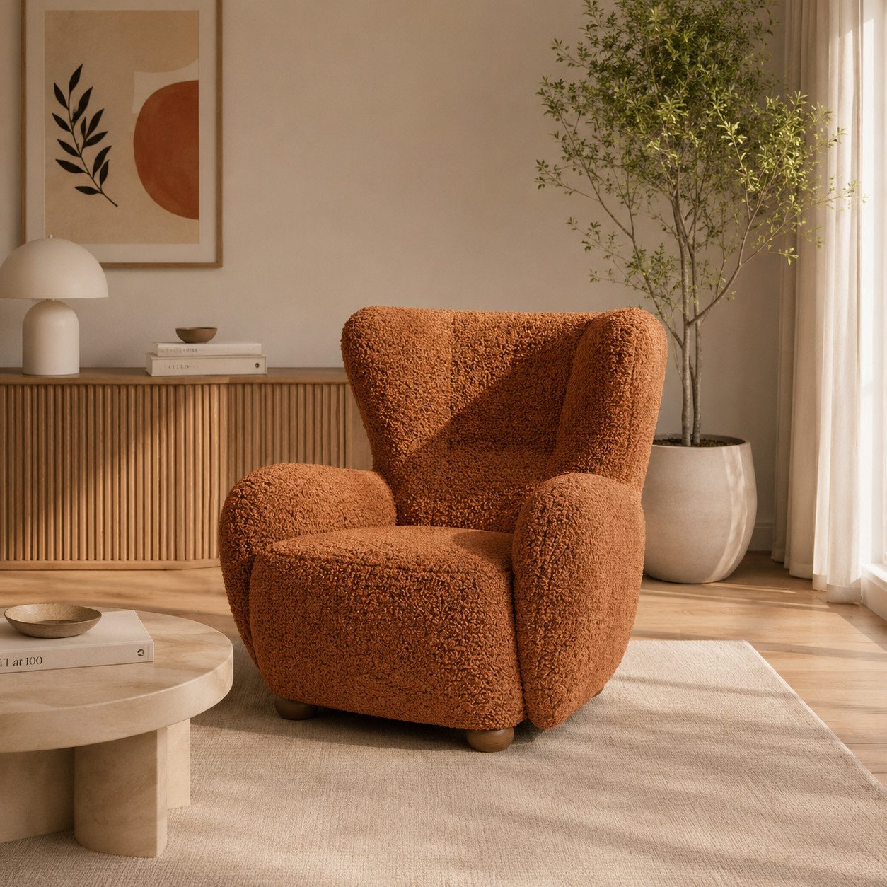 Goldstoff Sessel HUGSY Relaxsessel Boucle mit hoher Rückenlehne – Skandi & Boho Stil (Einzelsessel, Loungesessel), mit Relaxfunktion