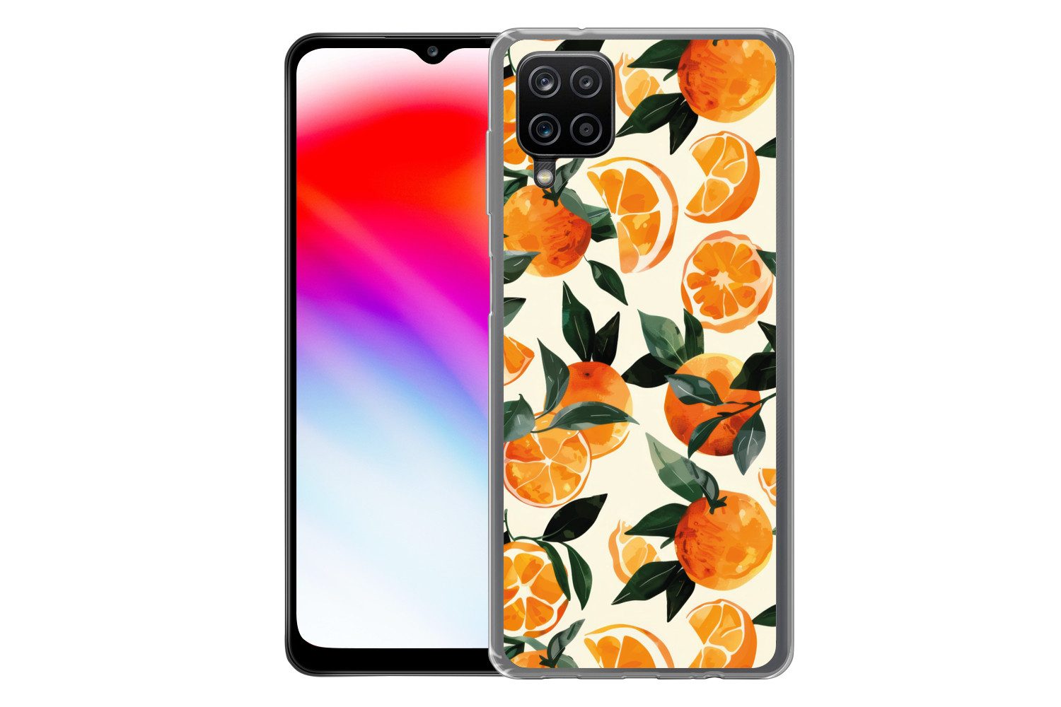 MuchoWow Handyhülle für Samsung Galaxy A12 Orangen - Früchte - Blätter - Orange - Grün - B, Smartphone-Bumper, Print, Handy Schutzhülle Dünn