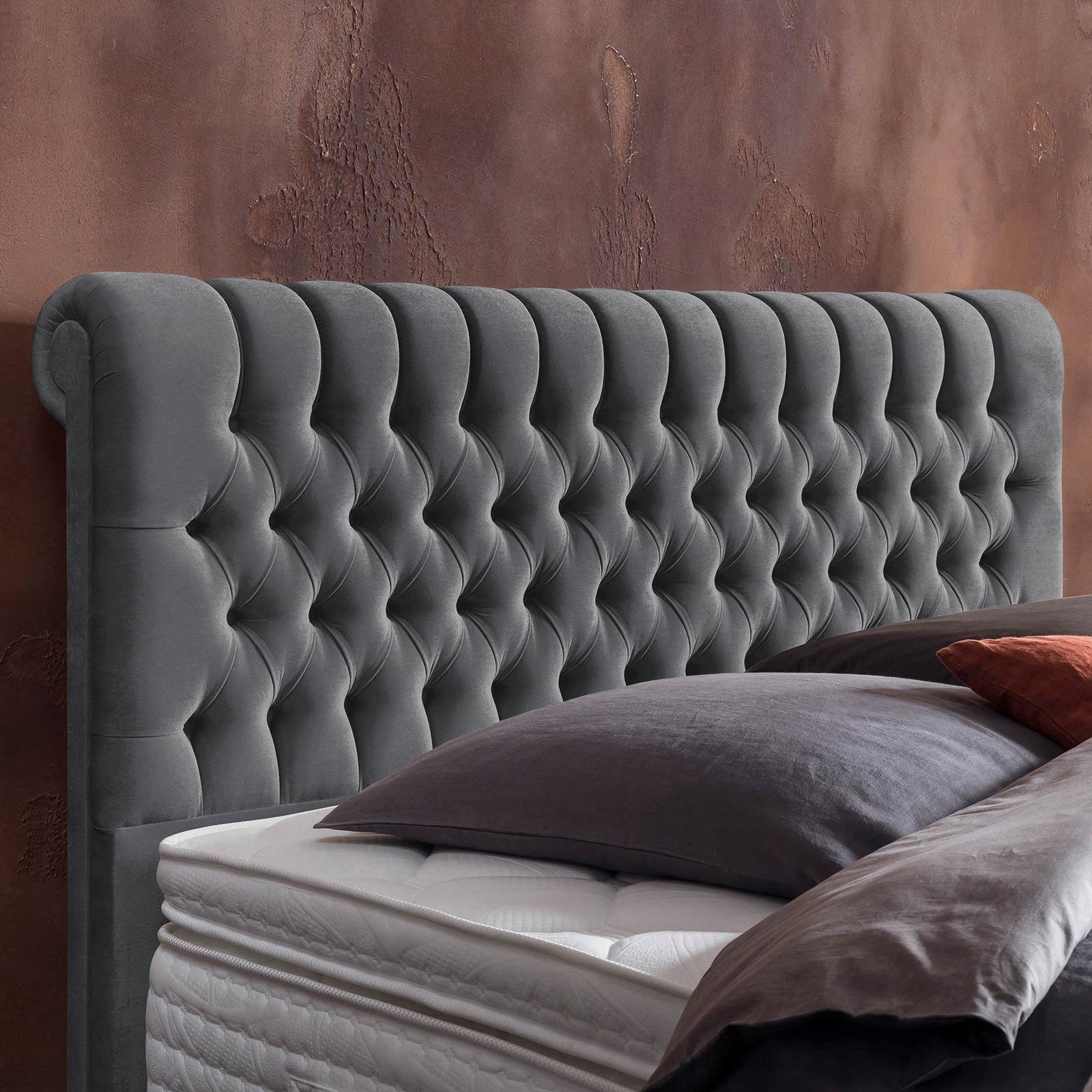 BettCo Boxspringbett Chester (140 x Topper, cm, + Dunkelgrau 200 in optionaler Schwarze Metallfüße Chesterfield-Design Velours)