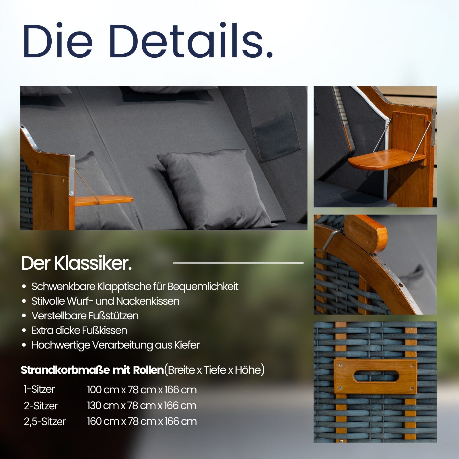 DERKORB Strandkorb Der Klassiker 2 Sitzer, Grau Weiß Blockstreifen, BxTxH: 137x78x166 cm, Volllieger, Ostsee-Modell DER KLASSIKER, 2-Sitzer, inkl. Wurf und Nackenkissen und montierten Strandkorbrollen