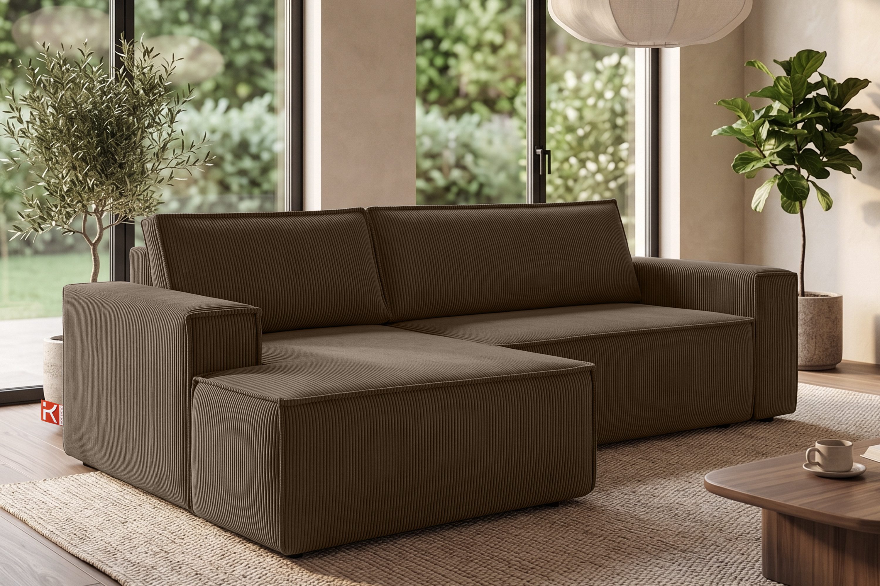 KONSIMO® Ecksofa NAPI links oder rechts, Premium-Stoff, hergestellt in der EU, mit Schlaffunktion und großem Bettkasten, Mittelfest, DL-Ausziehsystem