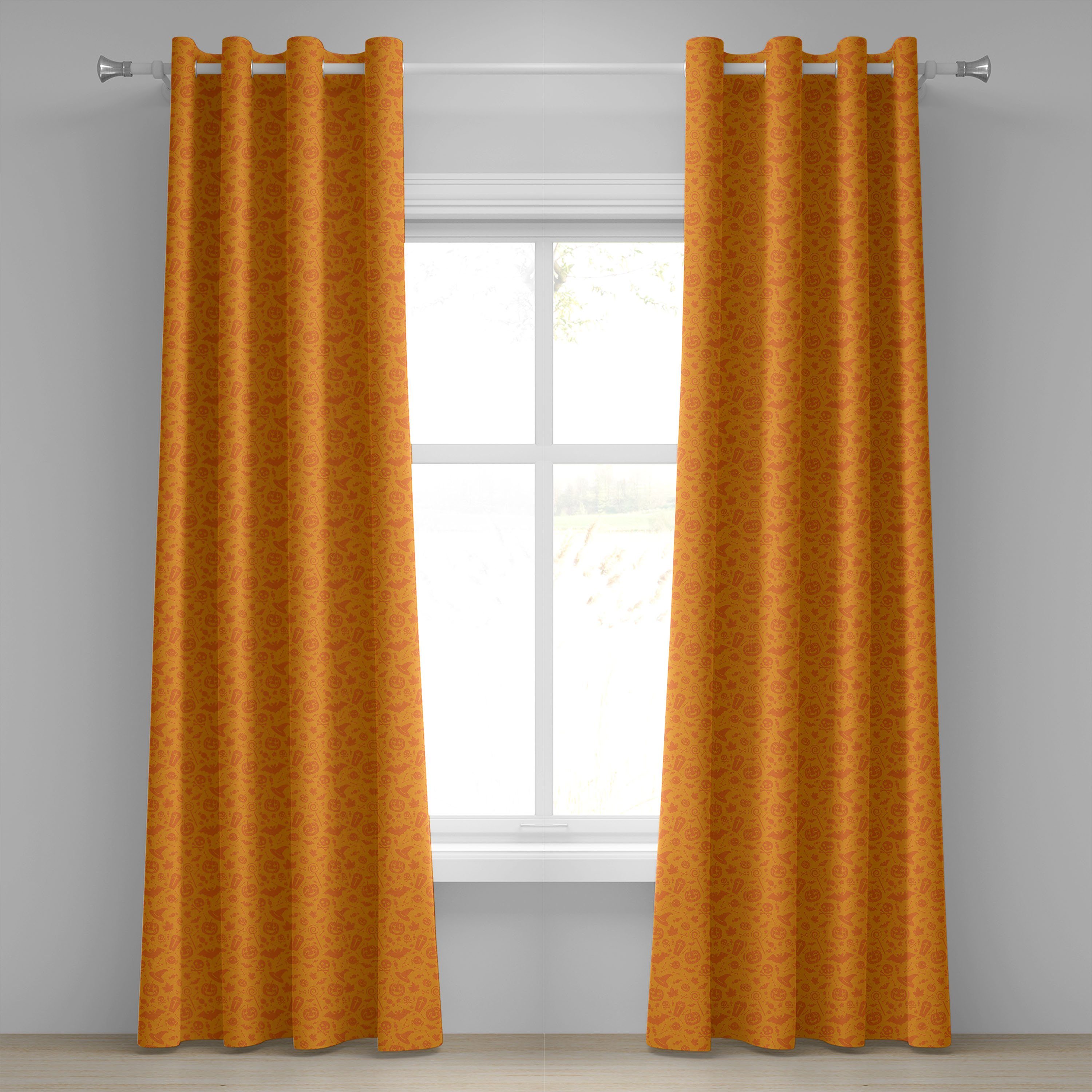 Gardine Dekorative 2-Panel-Fenstervorhänge für Schlafzimmer Wohnzimmer, Abakuhaus, Orange Halloween-Kürbis-Schädel