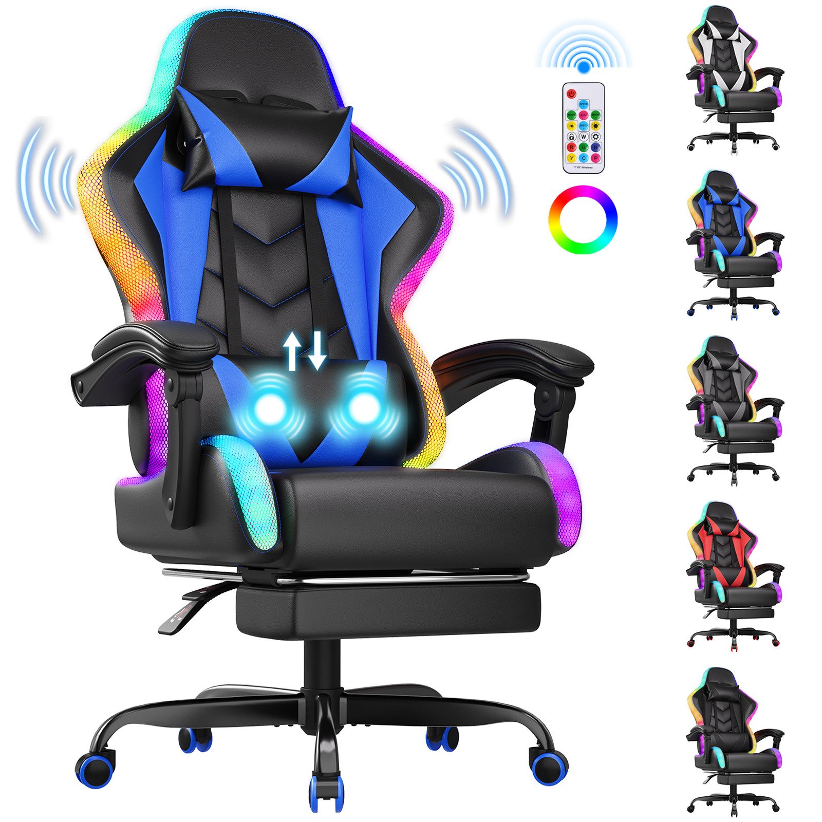 HOMALL Gaming-Stuhl mit LED,Ergonomisch,Fußstütze,computerstuhl,gaming stuhl mit massage (Die LED-Beleuchtung ist einstellbar, das Massagekissen für den Rücken ist beweglich), Ergonomischer Bürostuhl,Kopfstütze und Lendenstütze