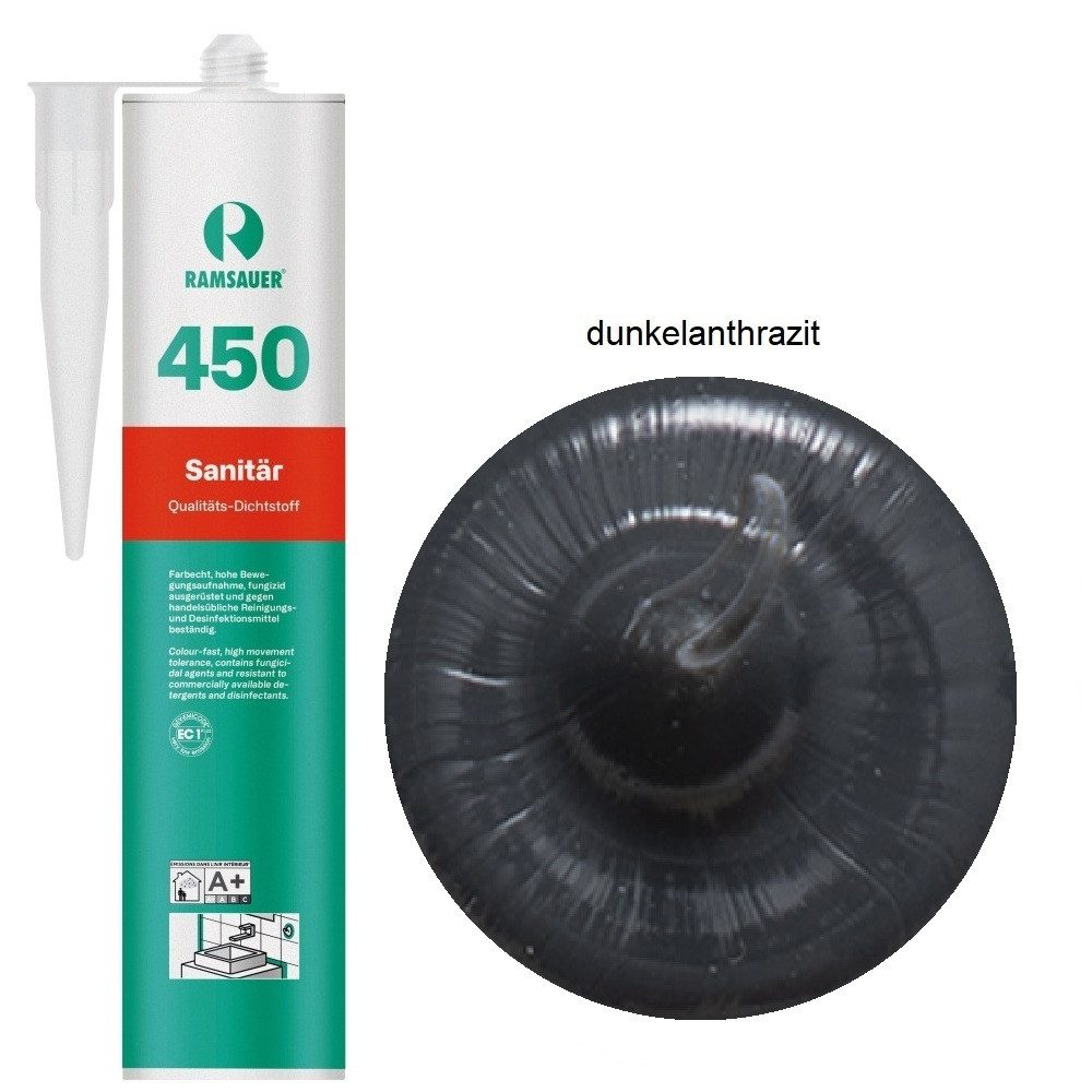 Ramsauer Dichtstoff Ramsauer 450 Sanitär Silikon Dichtstoff 310ml dunkelanthrazit, gebrauchsfertig, chemisch widerstandsfähig, schnellhärtend, UV-beständig, pilzhemmend