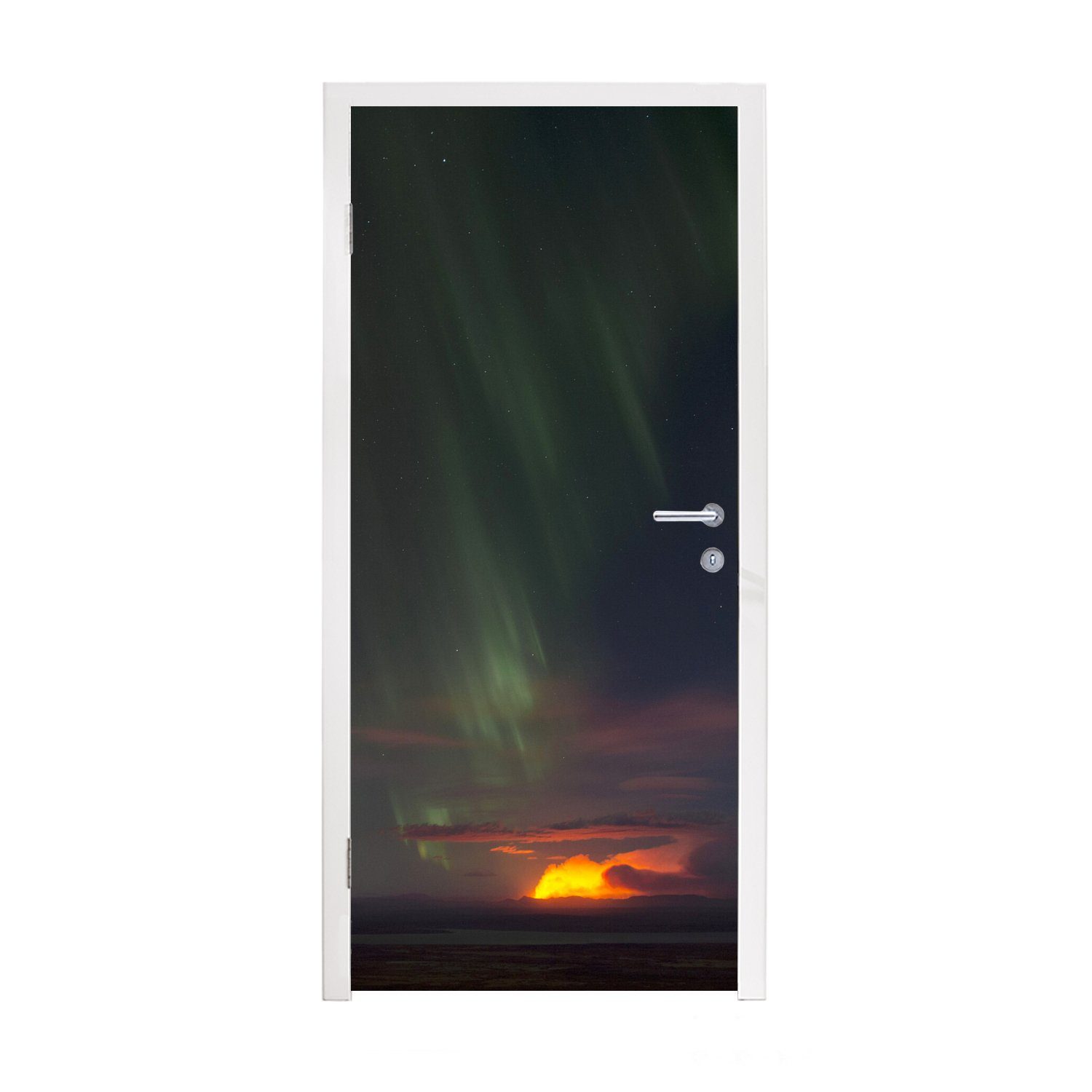 MuchoWow Türtapete Nordlichter - Sternenhimmel - Vulkan, Matt, bedruckt, (1 St), Fototapete für Tür, Türaufkleber, 75x205 cm
