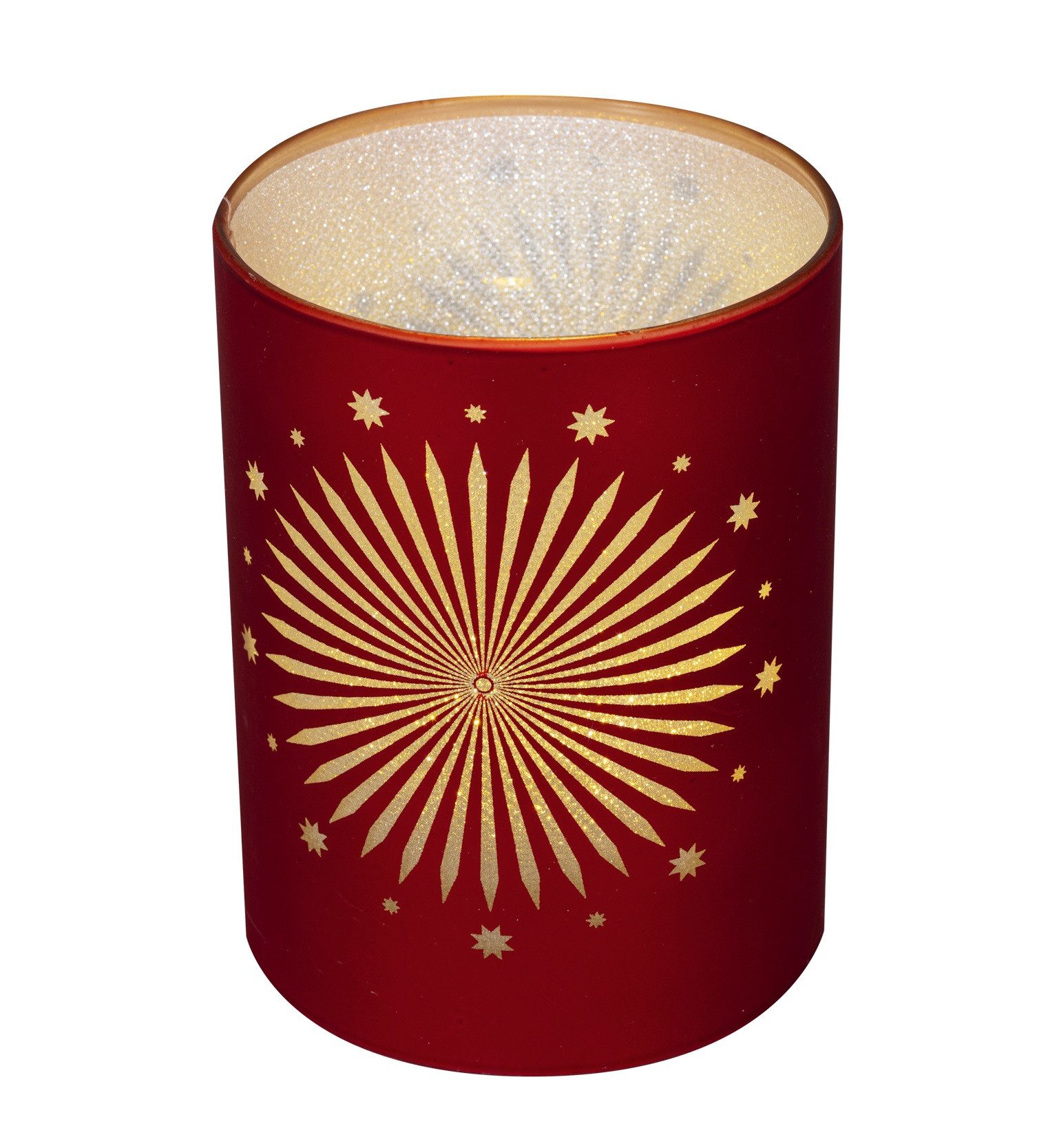 HGD Dekoobjekt LED Dekoglas mit Sterndekor - Satin-Rot/Gold - 7,5 x 10 x 7,5 cm, Ideal für Tisch, Fensterbank, Sideboard oder als Geschenk