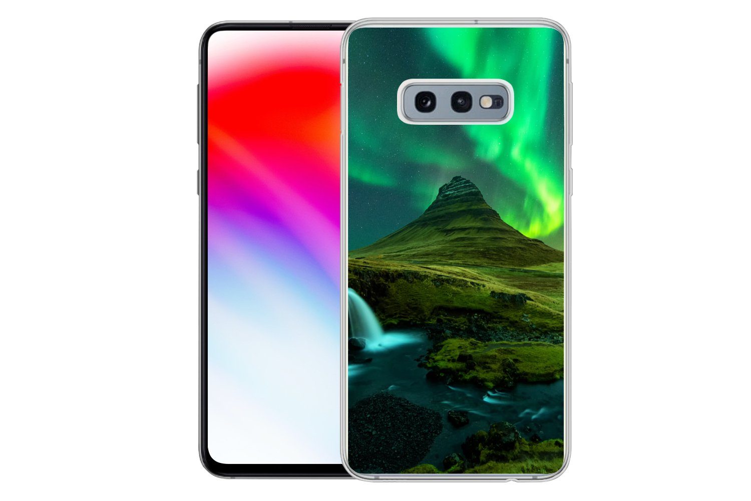 MuchoWow Handyhülle für Samsung Galaxy S10e Nordlichter - Wasserfall - Berg - Island, Phone Case, Silikon, Schutzhülle Dünn