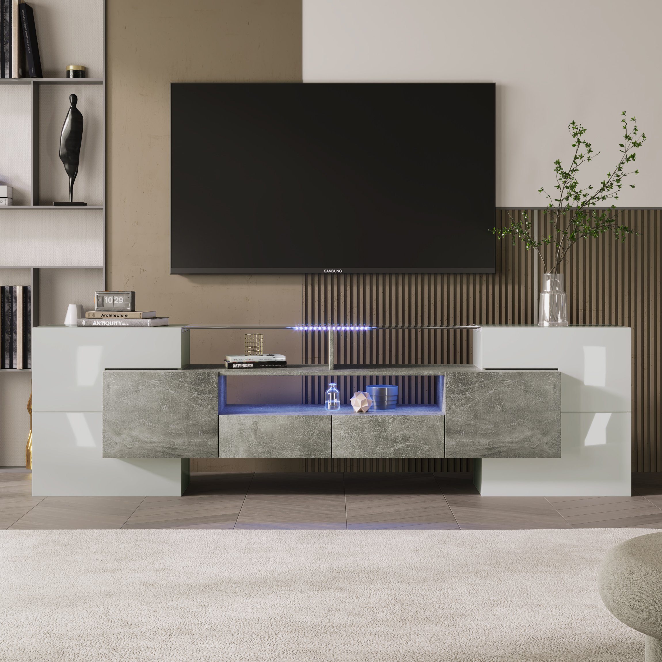 Odikalo TV-Schrank Sideboard Lowboard Hochglänzend 200cm LED Glasoberfläche Natur/Grau