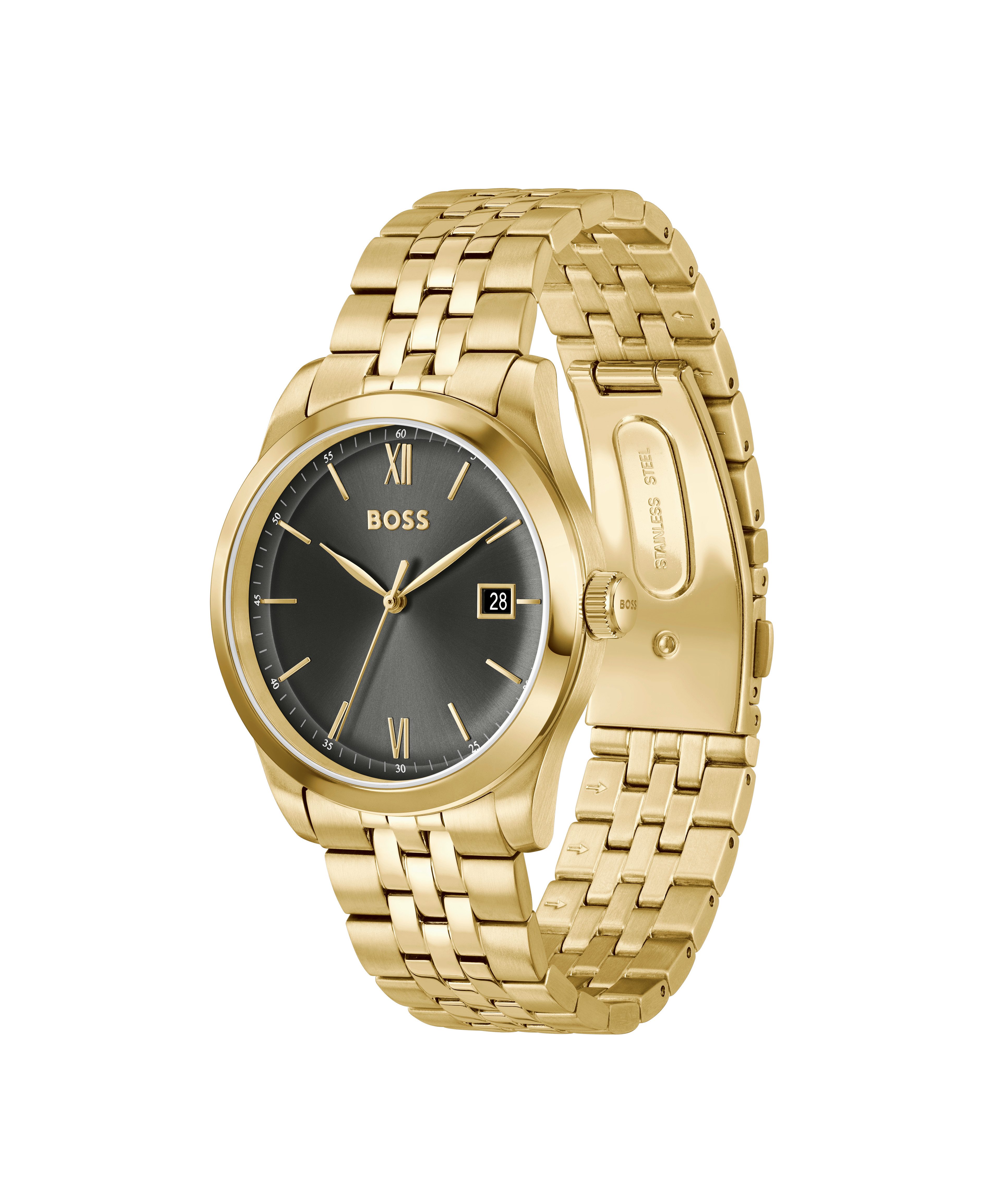 BOSS Quarzuhr LANGFORD 1514359, Armbanduhr, Damenuhr, Herrenuhr, Edelstahlarmband, analog, Tag