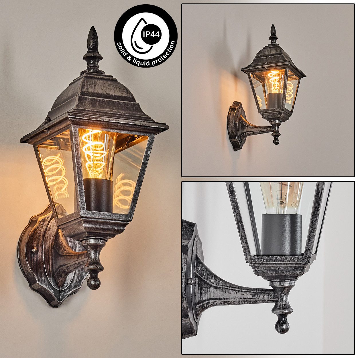 hofstein Außen-Wandleuchte Außenwandlampe aus Metall/Glas in Schwarz/Silberfarben/Klar, ohne Leuchtmittel, Wandleuchte im Vintage/Antik/Landhaus-Design, E27, IP44