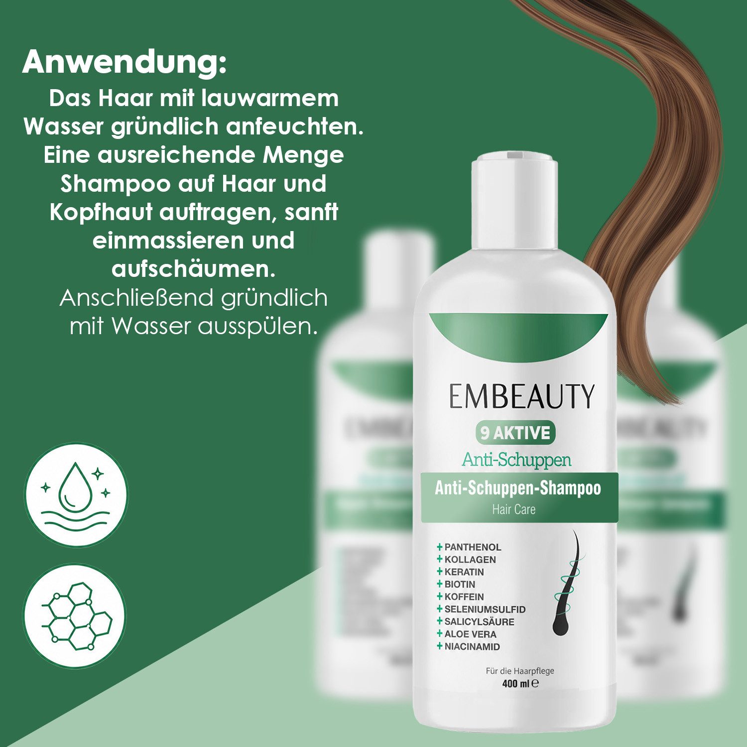 EMBEAUTY Haarshampoo Anti-Schuppen Shampoo – 9 Aktivstoffe, Sulfatfrei, 400 ml, Sulfatfreies Anti-Schuppen Shampoo – 400 ml