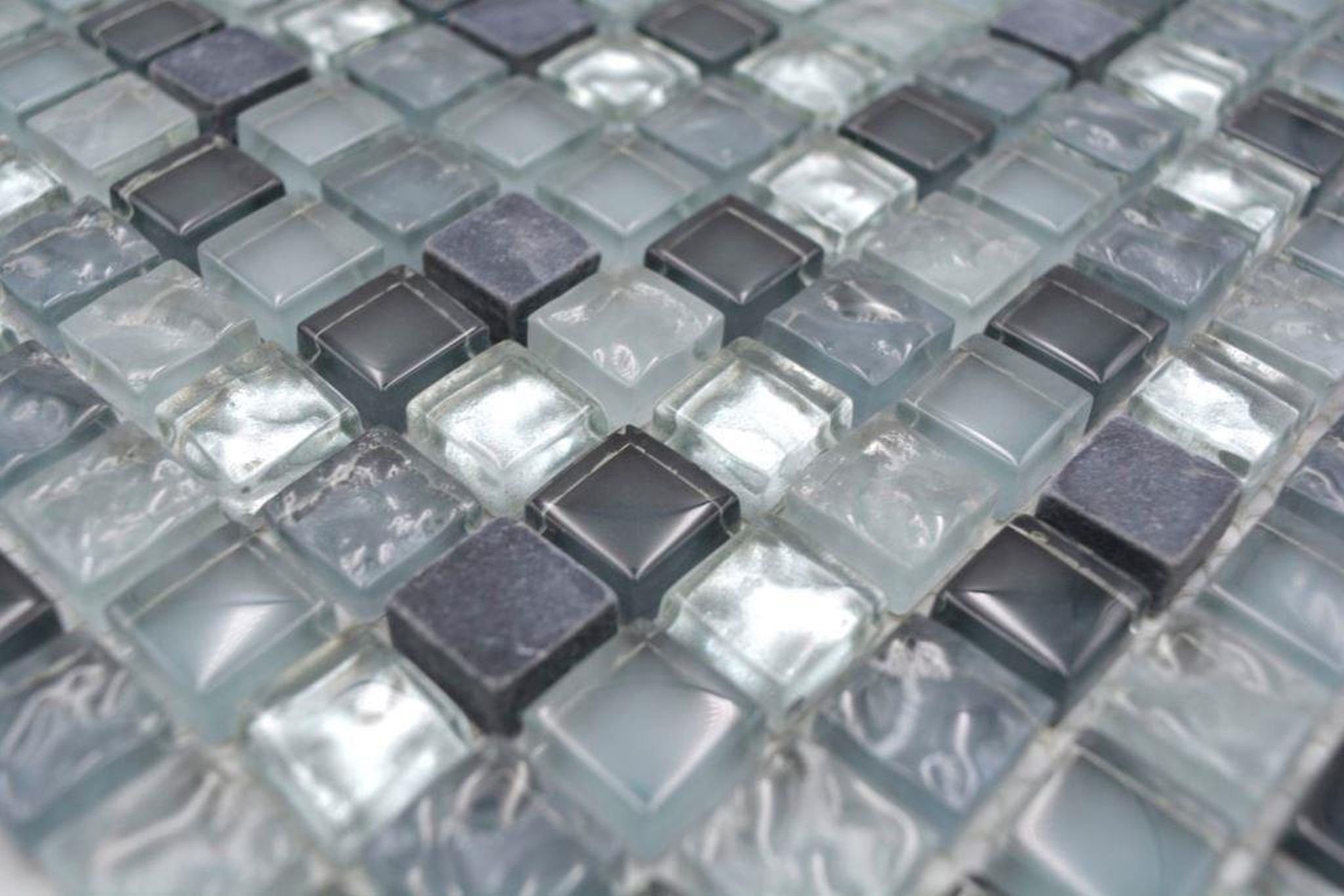 Mosaikfliesen Mosaikfliese silber Glasmosaik Naturstein Mosani klar grau